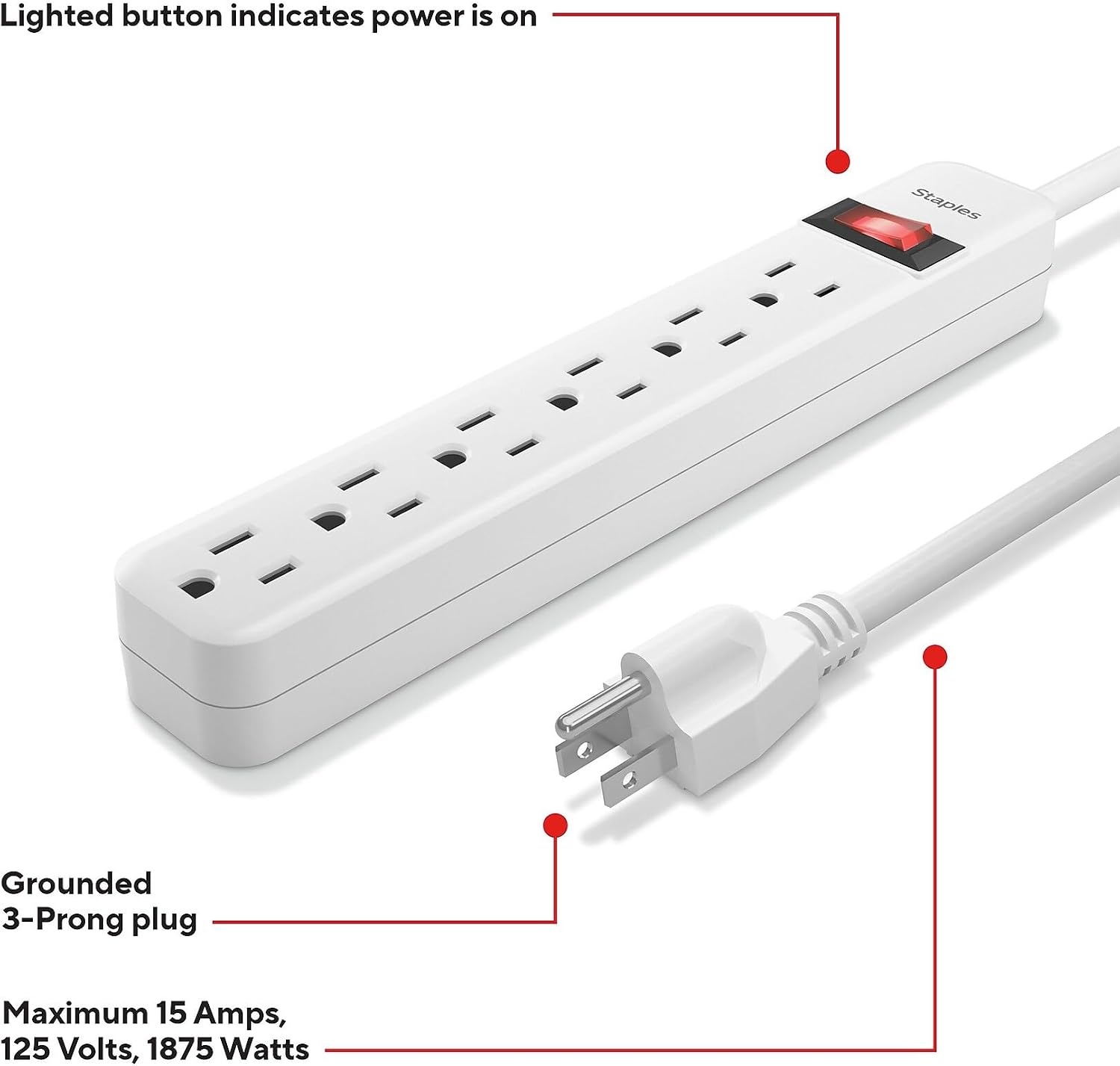 image:imageStaples TECH 6Outlet Power Strip 3 ft Extension Cord for Home Office amp Dorm Room Use White 3Pack1 Pack