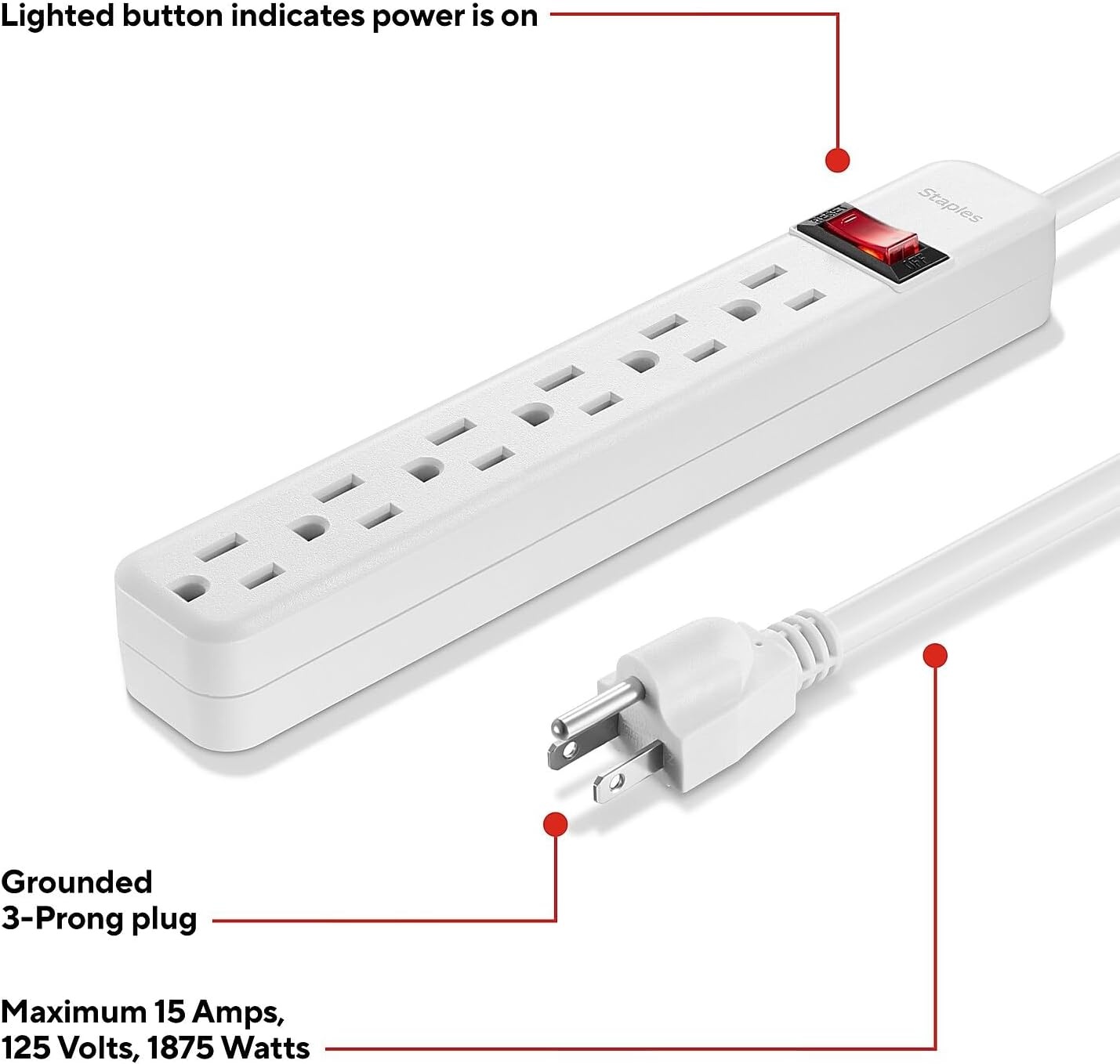 image:imageStaples TECH 6Outlet Power Strip 3 ft Extension Cord for Home Office amp Dorm Room Use White 3Pack1 Pack
