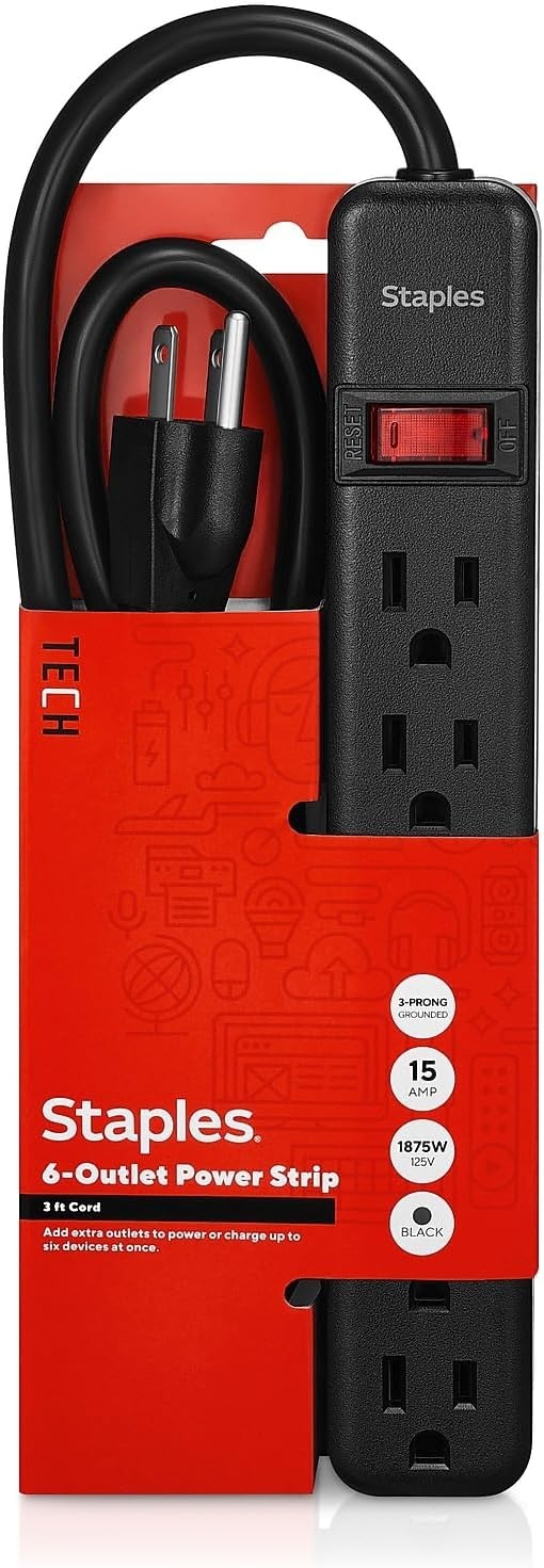 image:imageStaples TECH 6Outlet Power Strip 3 ft Extension Cord for Home Office amp Dorm Room Use White 3Pack1 Pack