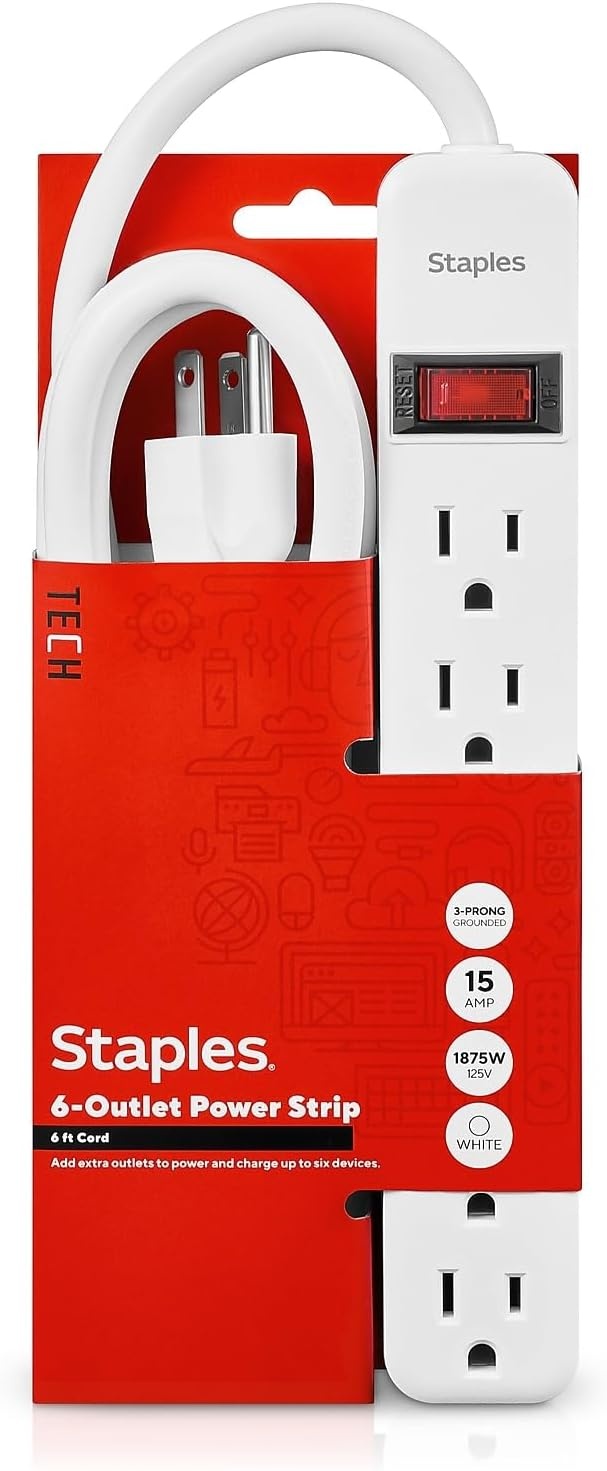 image:imageStaples TECH 6Outlet Power Strip 3 ft Extension Cord for Home Office amp Dorm Room Use White 3Pack1 Pack