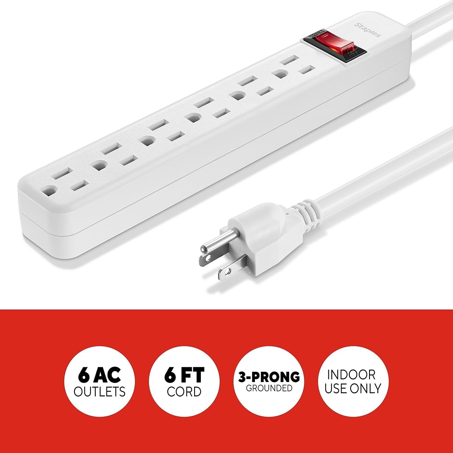 image:imageStaples TECH 6Outlet Power Strip 3 ft Extension Cord for Home Office amp Dorm Room Use White 3Pack1 Pack