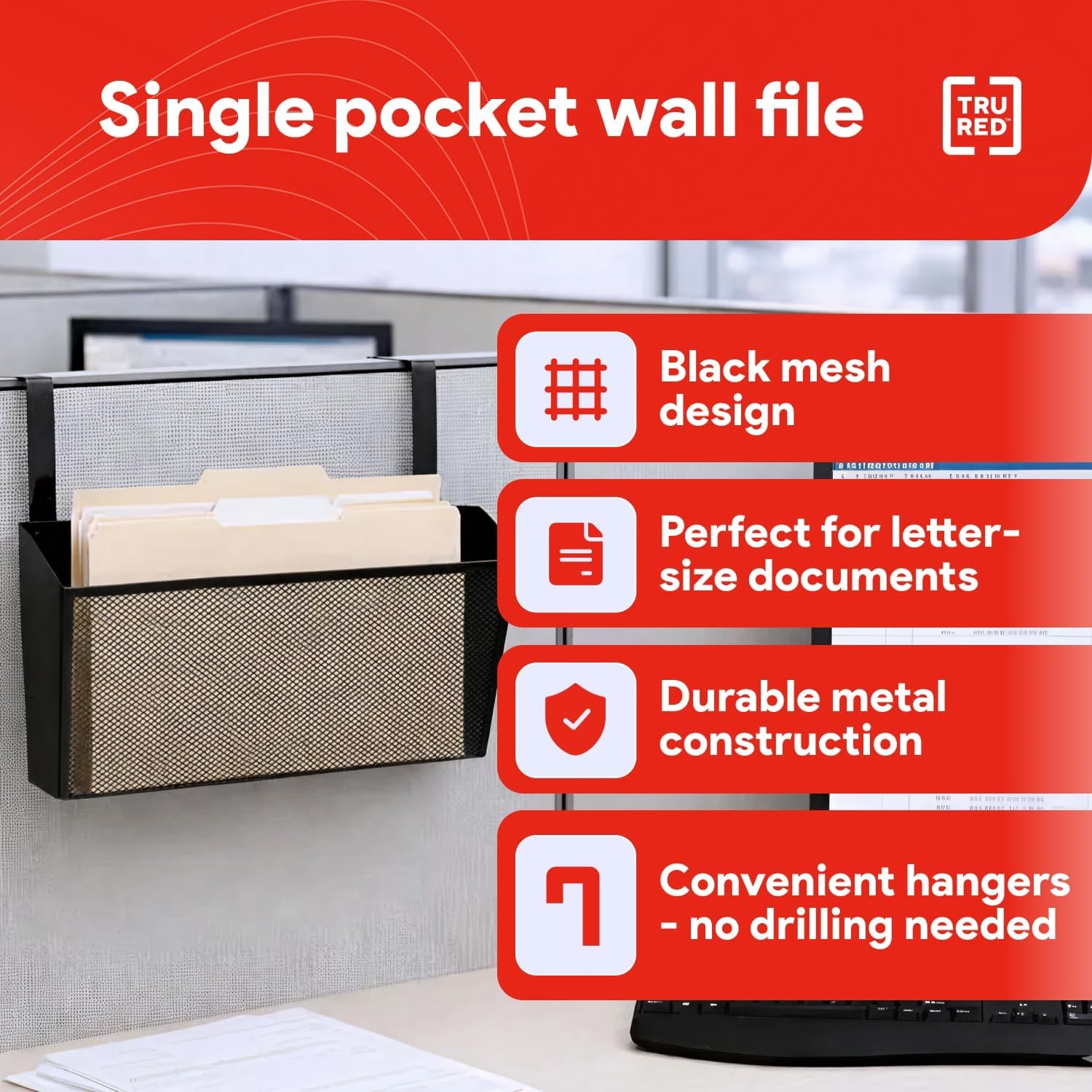 image:imageStaples TRU RED Mesh Letter Wall File 1 Pocket Black Wall Mounted File Organizer for Mail Documents and Quick Access Storage1 Pack