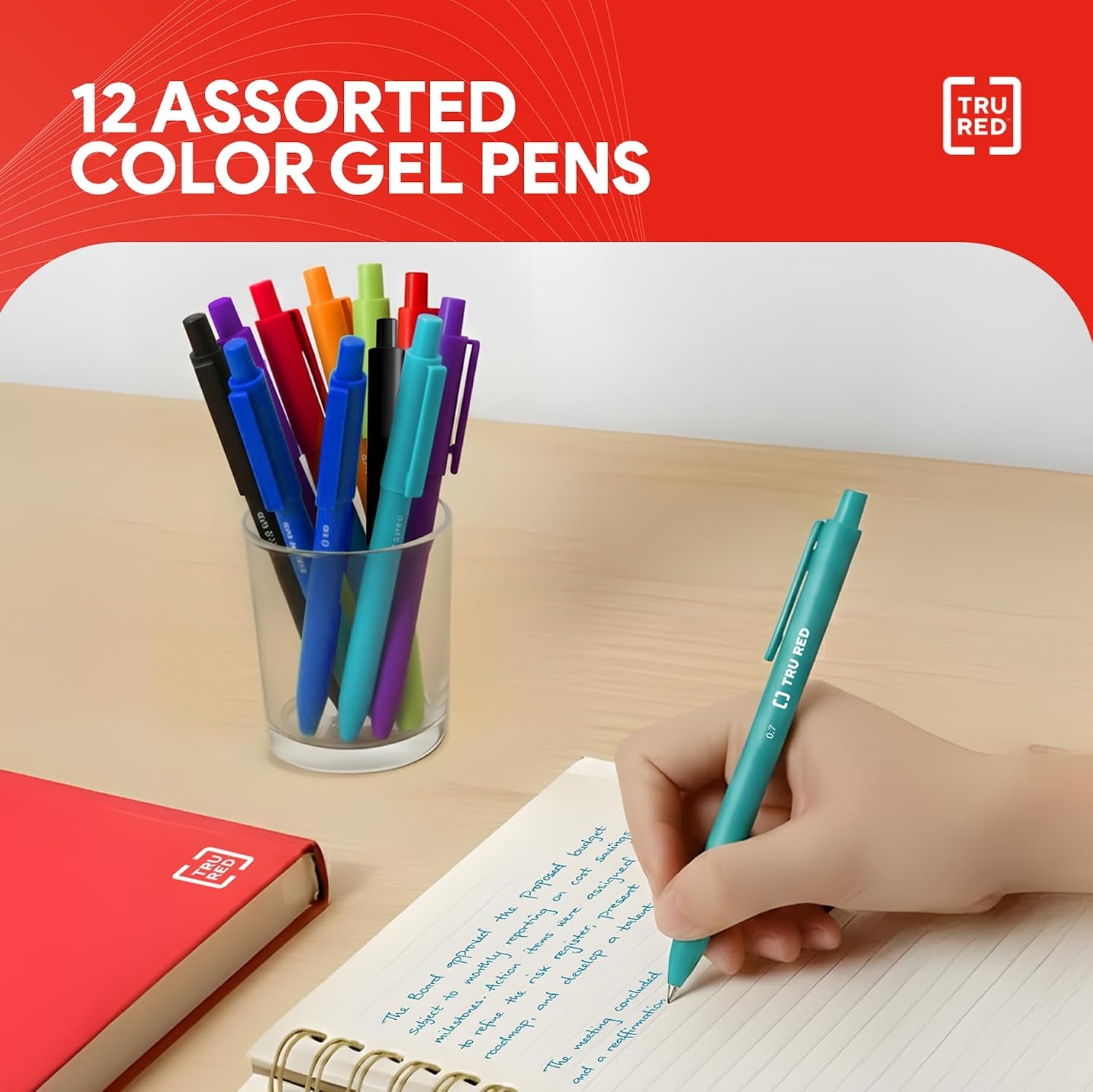 image:imageStaples TRU RED Retractable Gel Pens Medium Point 07mm Blue Ink 12 Pack QuickDry Pens for Smooth SmearFree WritingAssorted
