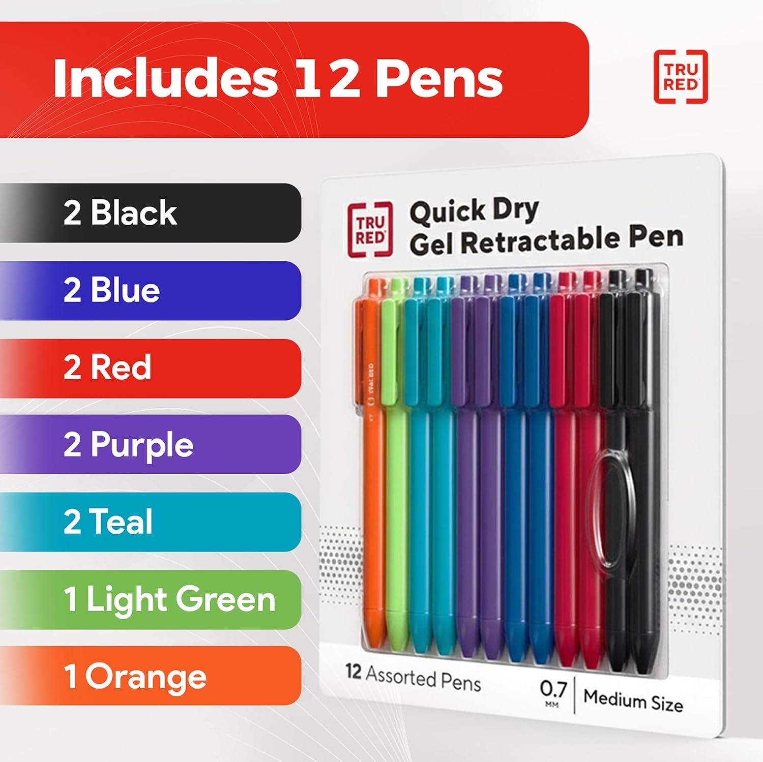image:imageStaples TRU RED Retractable Gel Pens Medium Point 07mm Blue Ink 12 Pack QuickDry Pens for Smooth SmearFree WritingAssorted