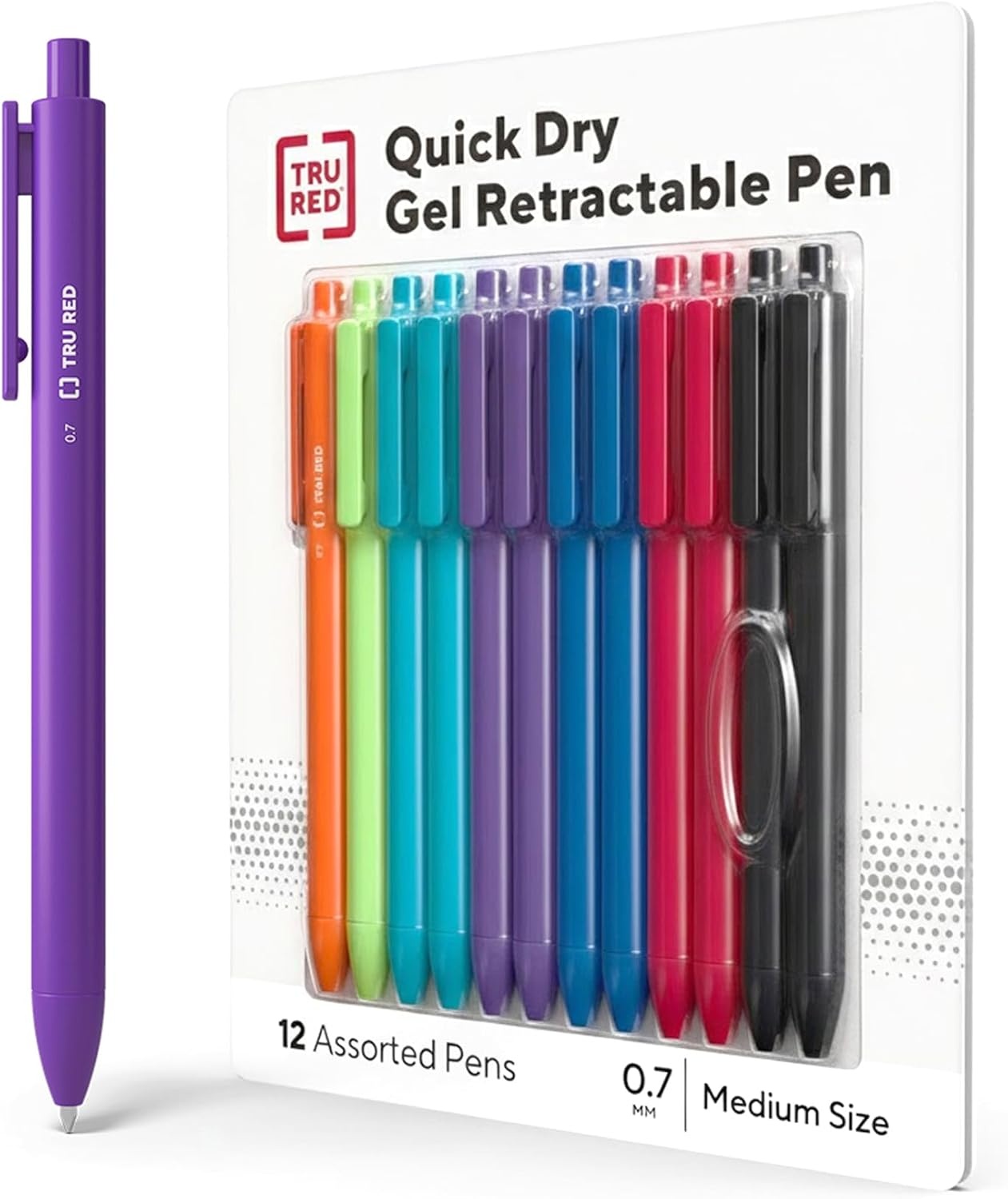 image:imageStaples TRU RED Retractable Gel Pens Medium Point 07mm Blue Ink 12 Pack QuickDry Pens for Smooth SmearFree WritingAssorted