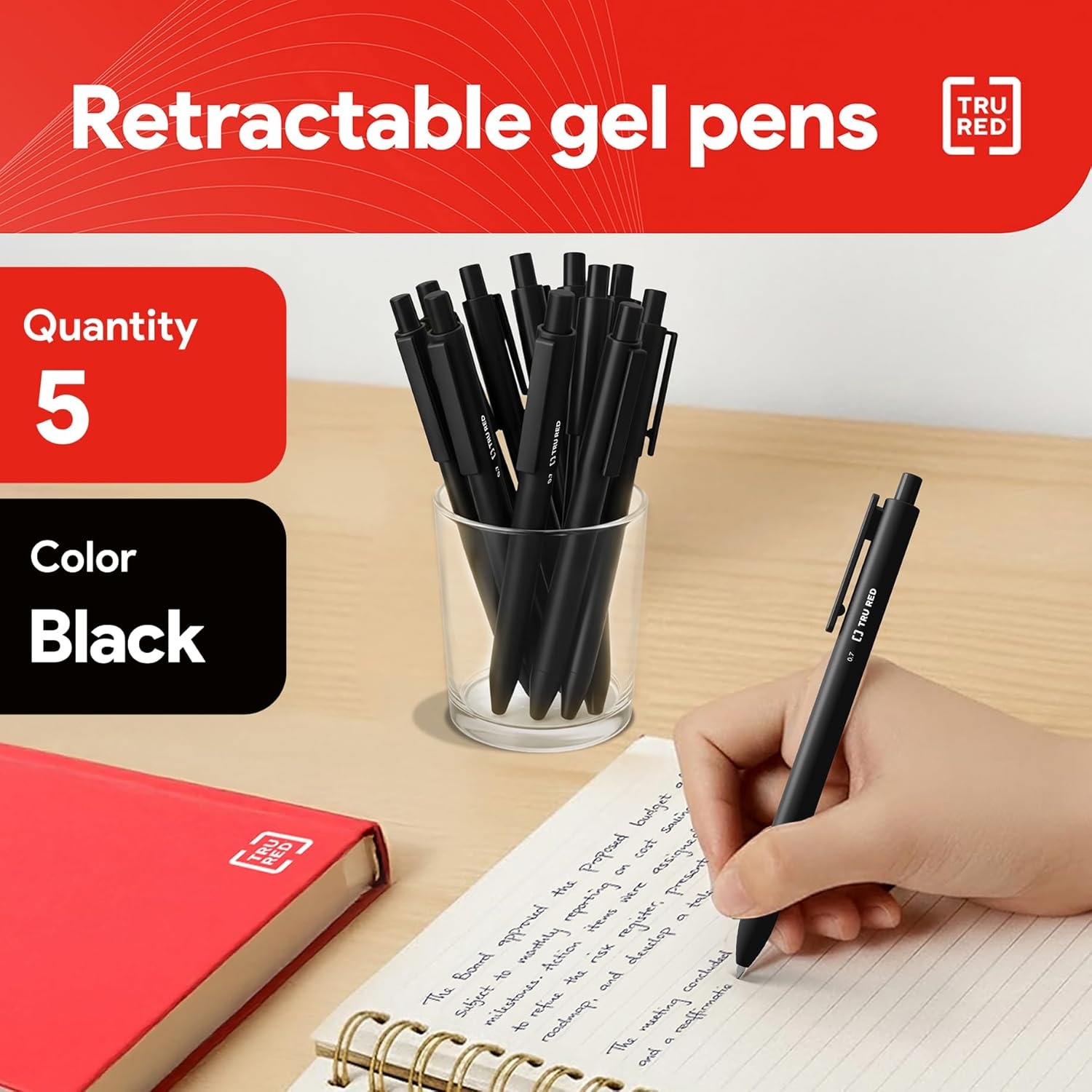 image:imageStaples TRU RED Retractable Gel Pens Medium Point 07mm Blue Ink 12 Pack QuickDry Pens for Smooth SmearFree WritingBlack