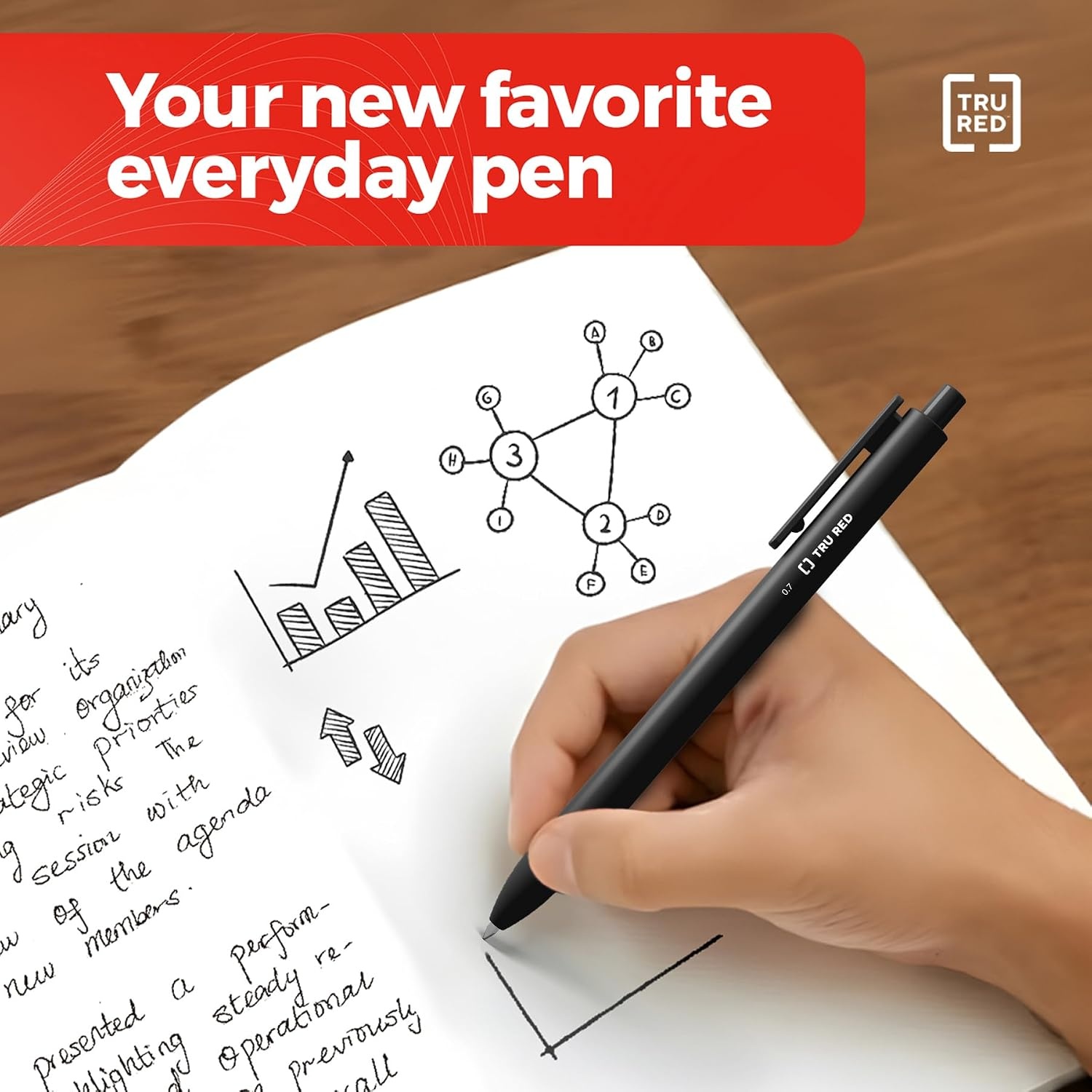 image:imageStaples TRU RED Retractable Gel Pens Medium Point 07mm Blue Ink 12 Pack QuickDry Pens for Smooth SmearFree WritingBlack