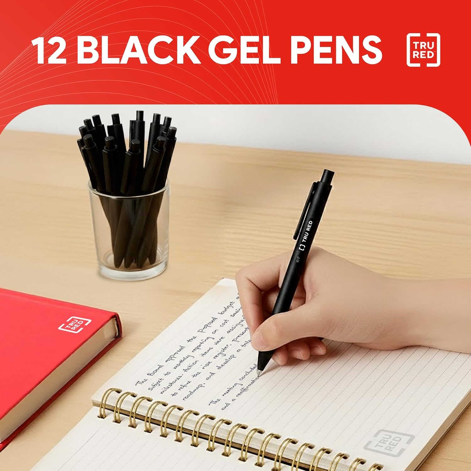 image:imageStaples TRU RED Retractable Gel Pens Medium Point 07mm Blue Ink 12 Pack QuickDry Pens for Smooth SmearFree WritingBlack