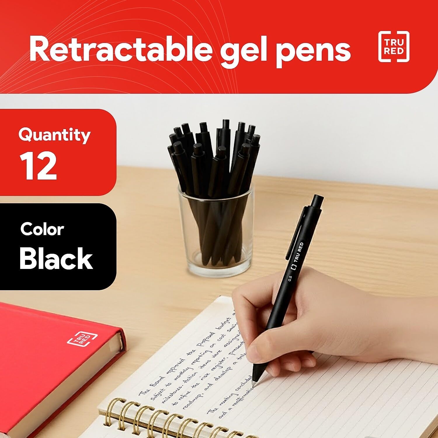 image:imageStaples TRU RED Retractable Gel Pens Medium Point 07mm Blue Ink 12 Pack QuickDry Pens for Smooth SmearFree WritingBlack