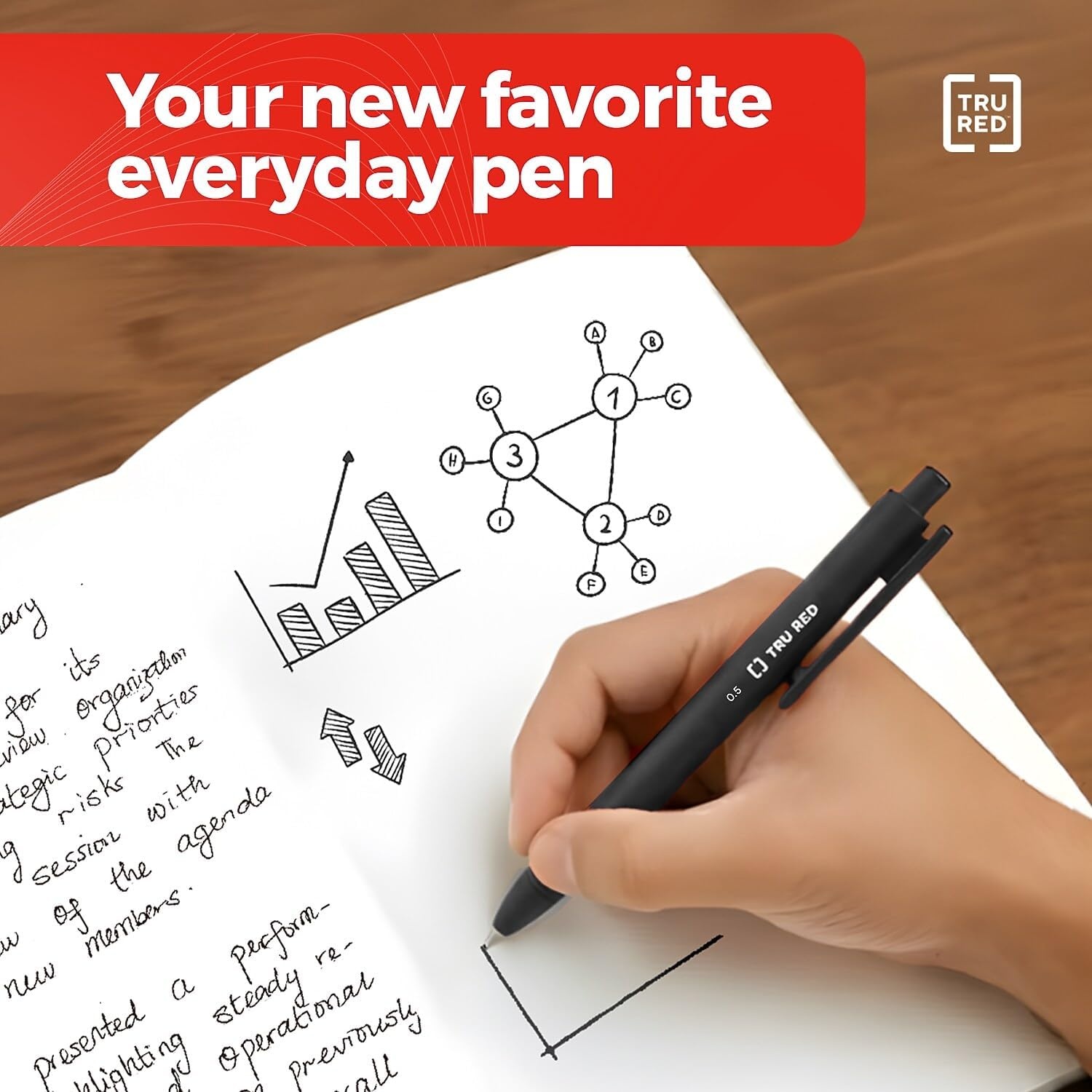 image:imageStaples TRU RED Retractable Gel Pens Medium Point 07mm Blue Ink 12 Pack QuickDry Pens for Smooth SmearFree WritingBlack