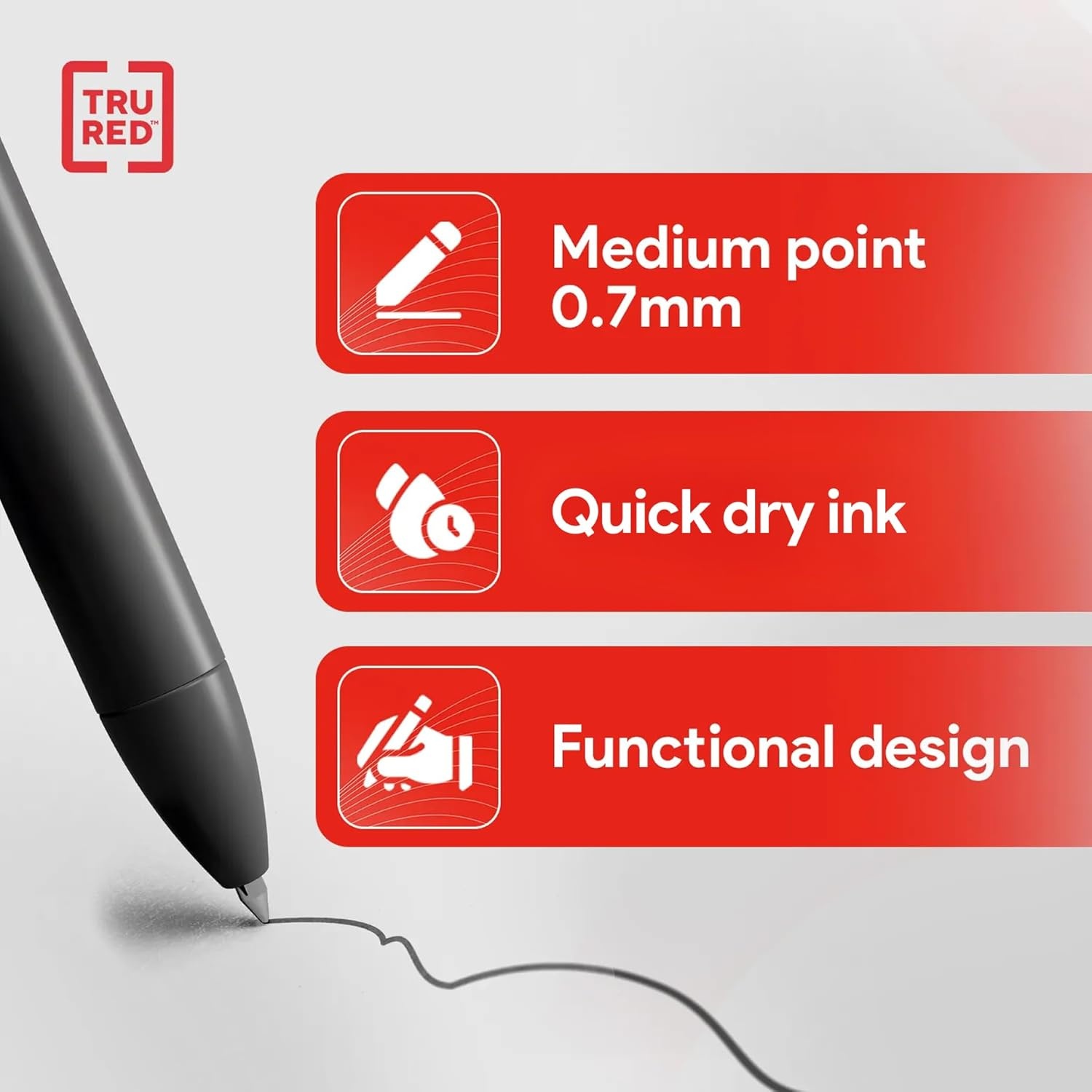image:imageStaples TRU RED Retractable Gel Pens Medium Point 07mm Blue Ink 12 Pack QuickDry Pens for Smooth SmearFree WritingBlack