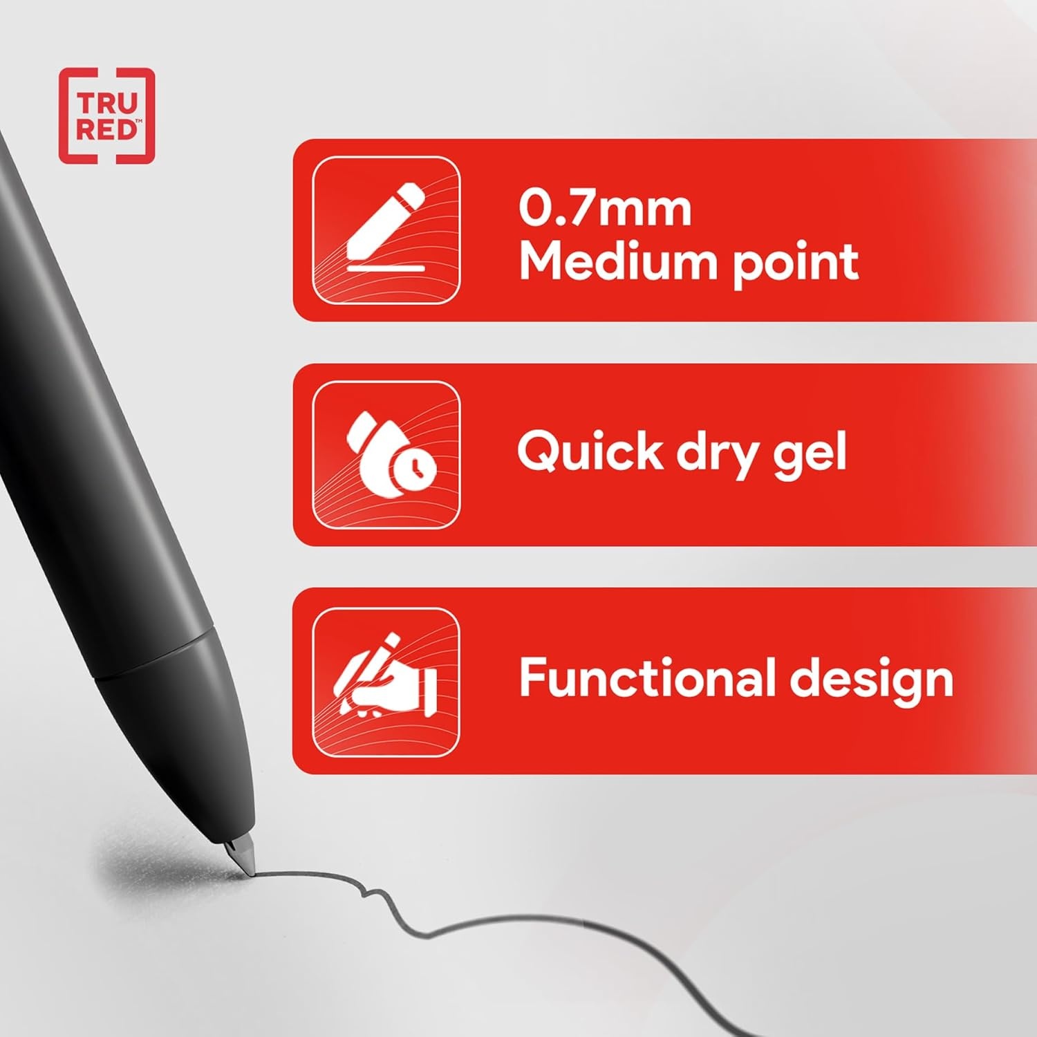 image:imageStaples TRU RED Retractable Gel Pens Medium Point 07mm Blue Ink 12 Pack QuickDry Pens for Smooth SmearFree WritingBlack