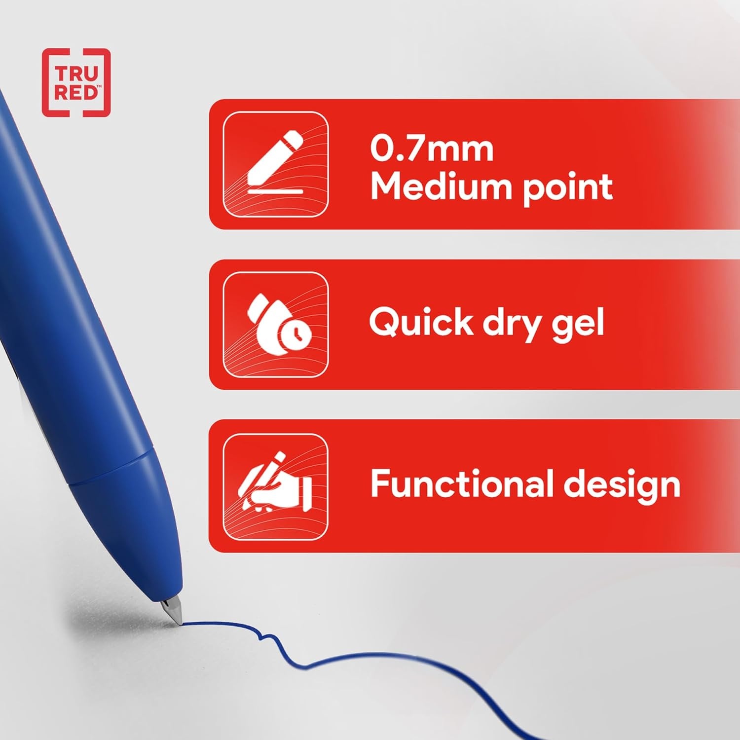 image:imageStaples TRU RED Retractable Gel Pens Medium Point 07mm Blue Ink 12 Pack QuickDry Pens for Smooth SmearFree WritingBlue