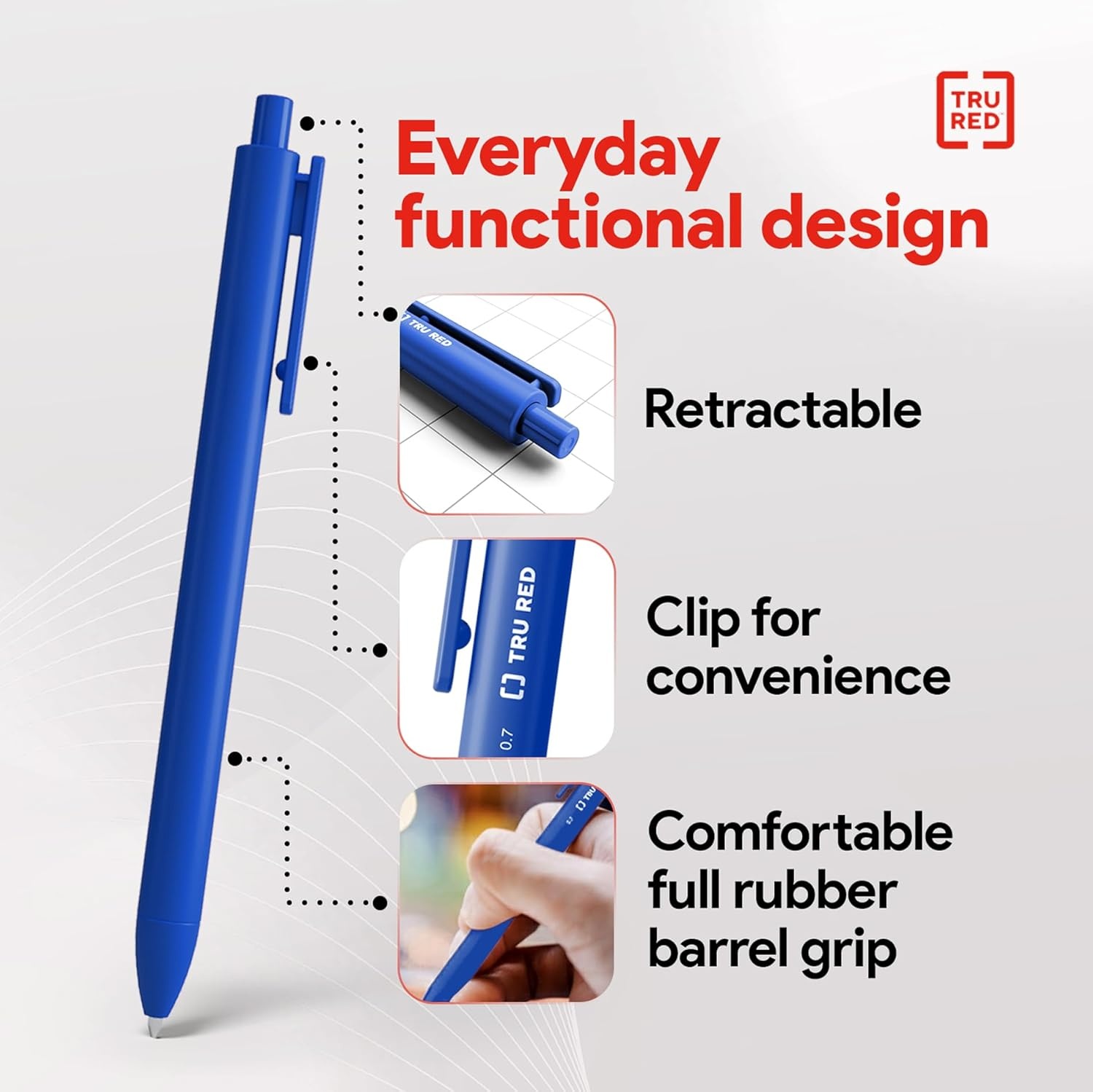 image:imageStaples TRU RED Retractable Gel Pens Medium Point 07mm Blue Ink 12 Pack QuickDry Pens for Smooth SmearFree WritingBlue