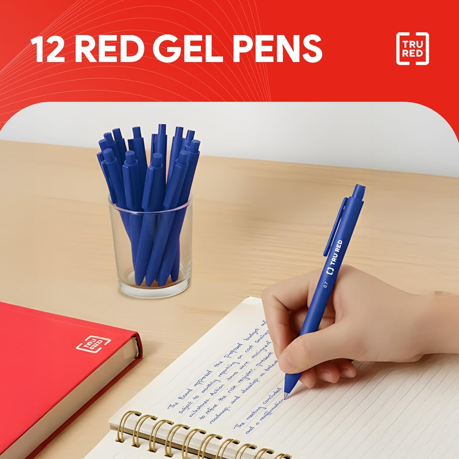 image:imageStaples TRU RED Retractable Gel Pens Medium Point 07mm Blue Ink 12 Pack QuickDry Pens for Smooth SmearFree WritingBlue
