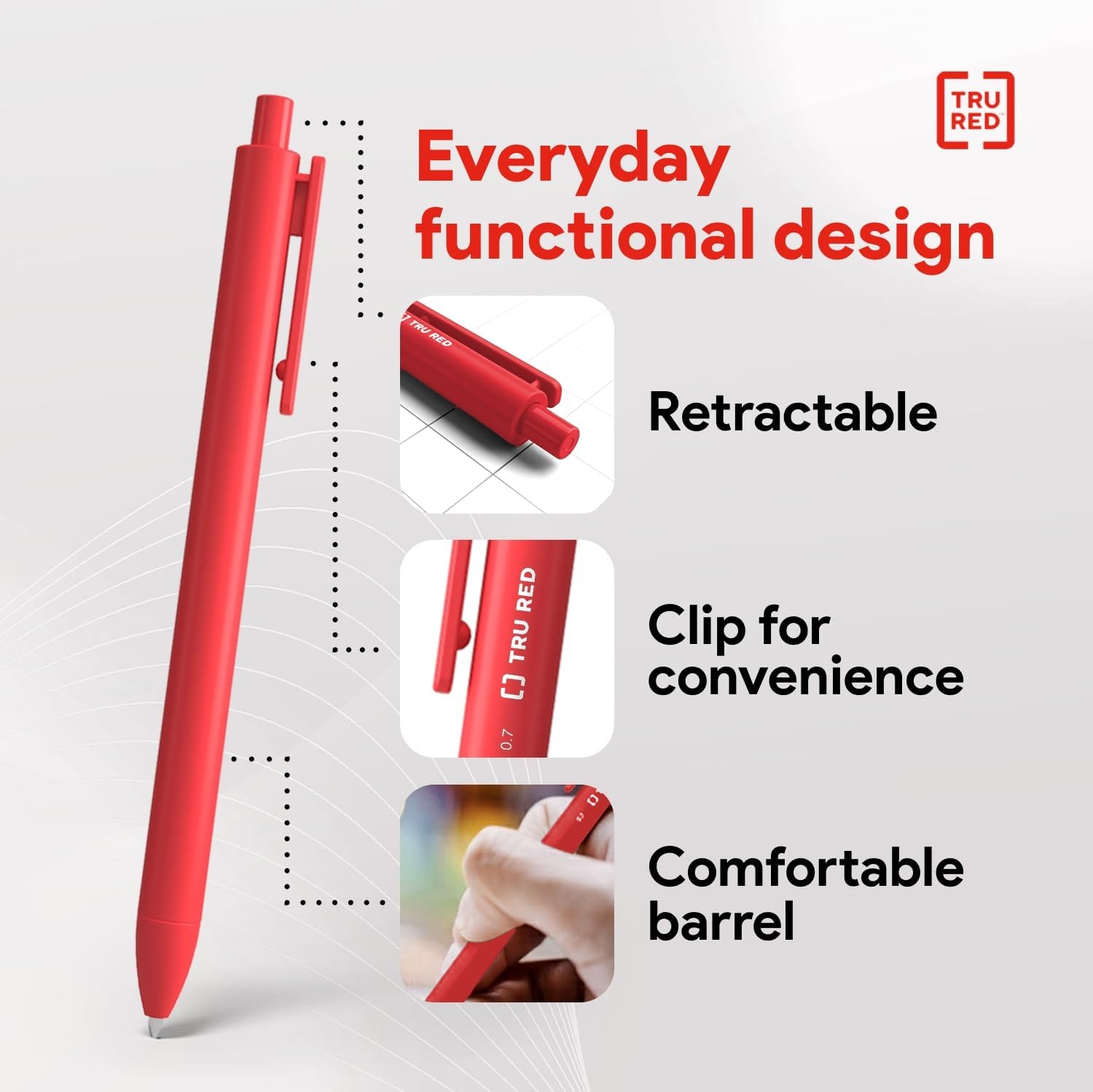 image:imageStaples TRU RED Retractable Gel Pens Medium Point 07mm Blue Ink 12 Pack QuickDry Pens for Smooth SmearFree WritingRed