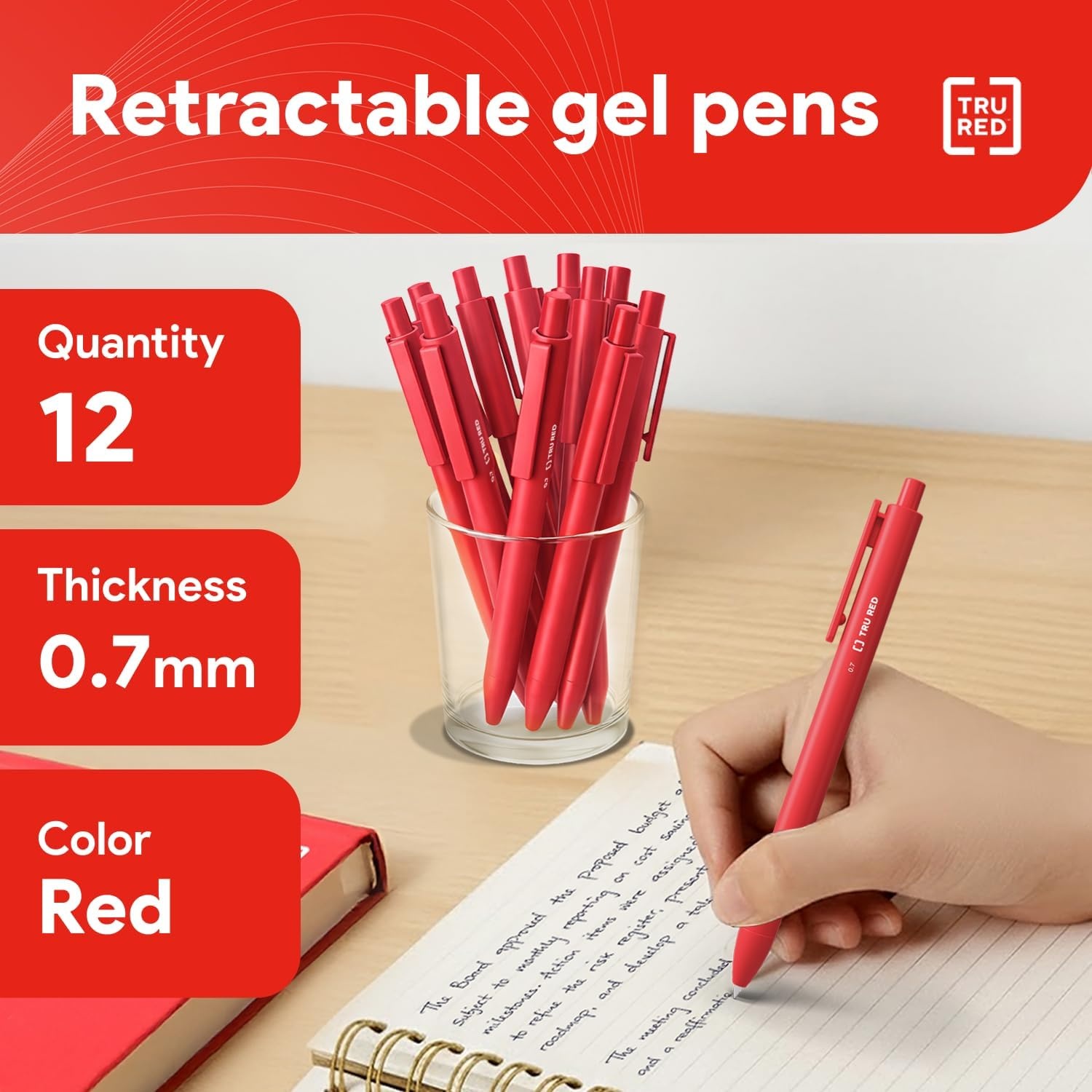 image:imageStaples TRU RED Retractable Gel Pens Medium Point 07mm Blue Ink 12 Pack QuickDry Pens for Smooth SmearFree WritingRed