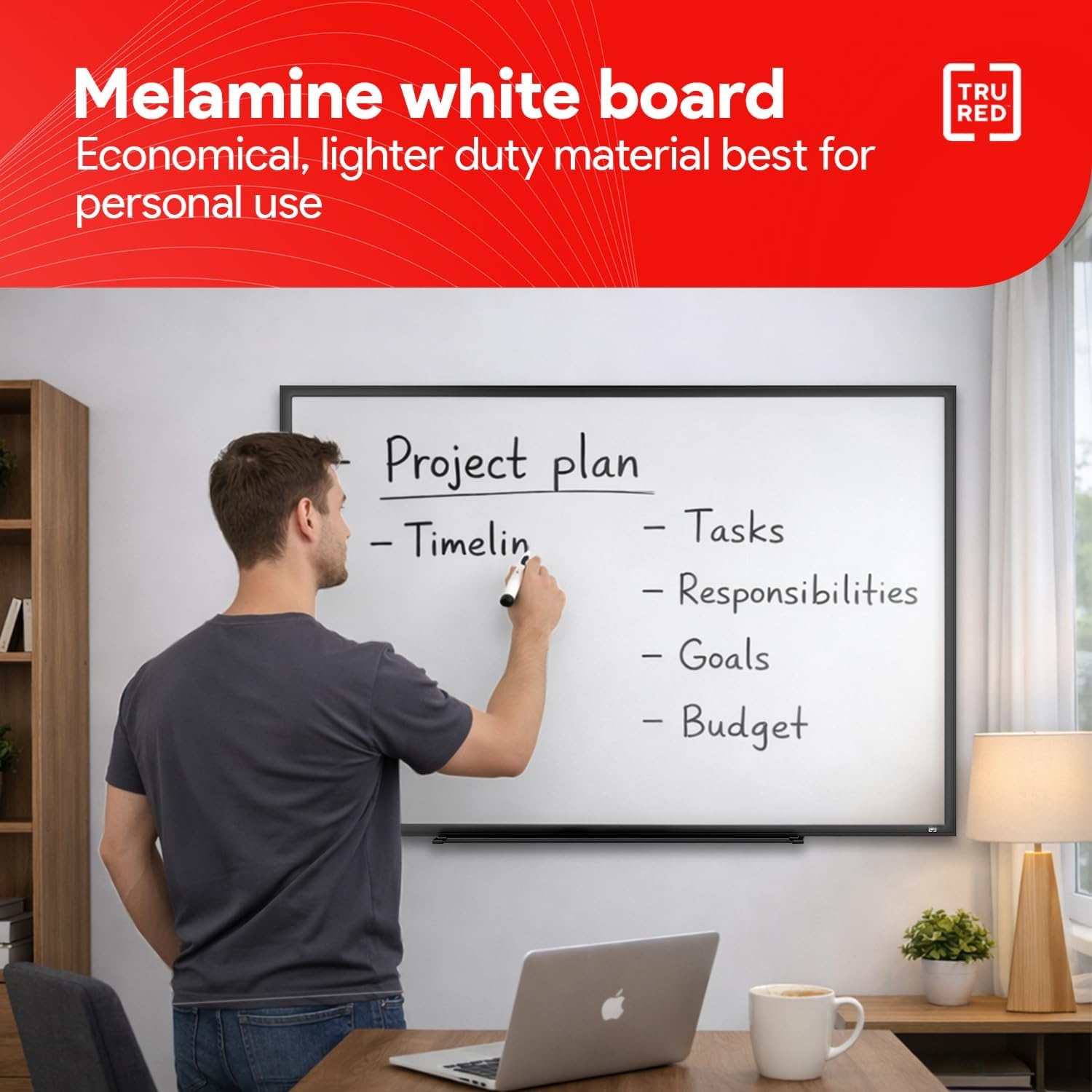 image:imageTRU RED Steel Magnetic Whiteboard Dry Erase Board for Wall White Board with Satin Frame 2 ft x 15 ftBlack