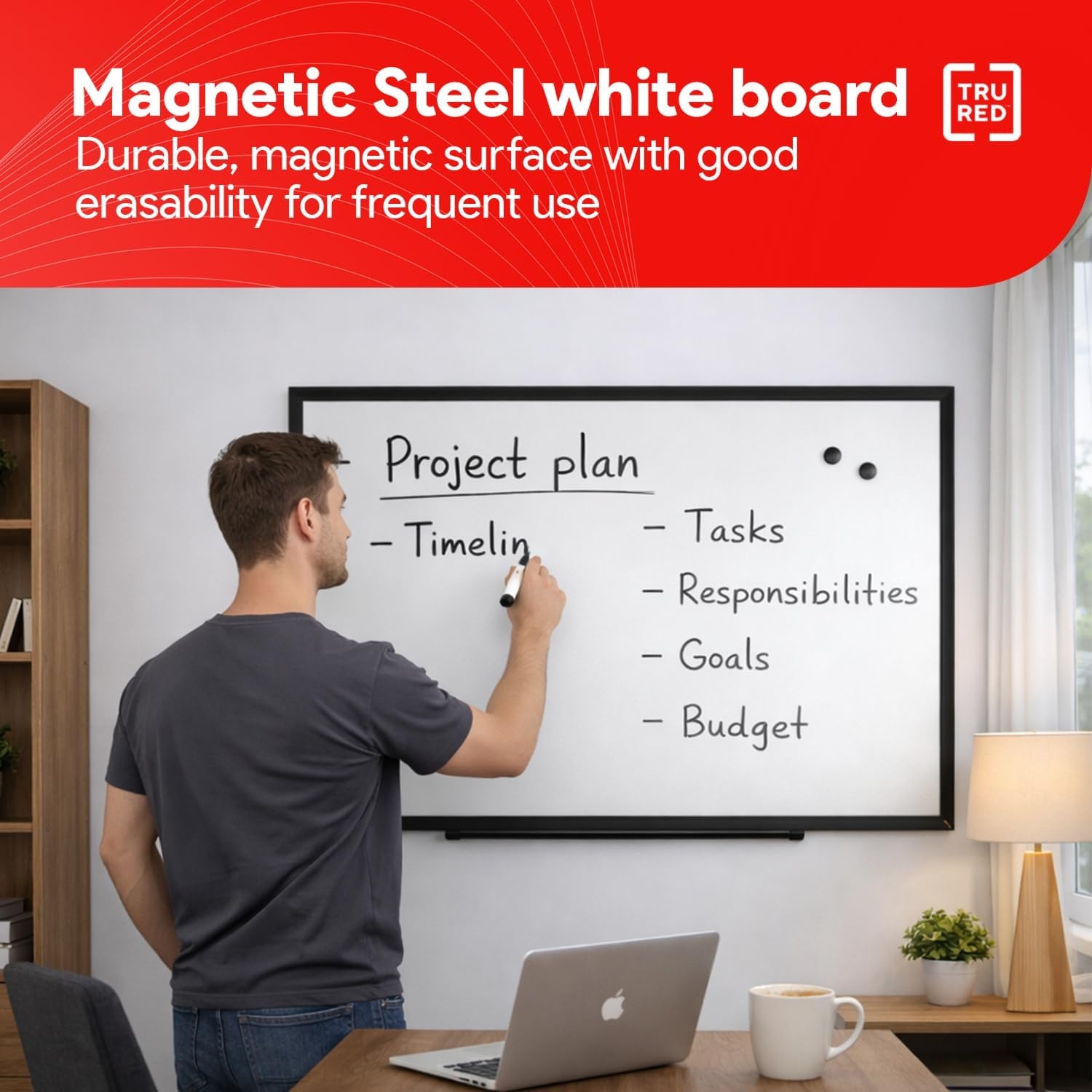 image:imageTRU RED Steel Magnetic Whiteboard Dry Erase Board for Wall White Board with Satin Frame 2 ft x 15 ftBlack