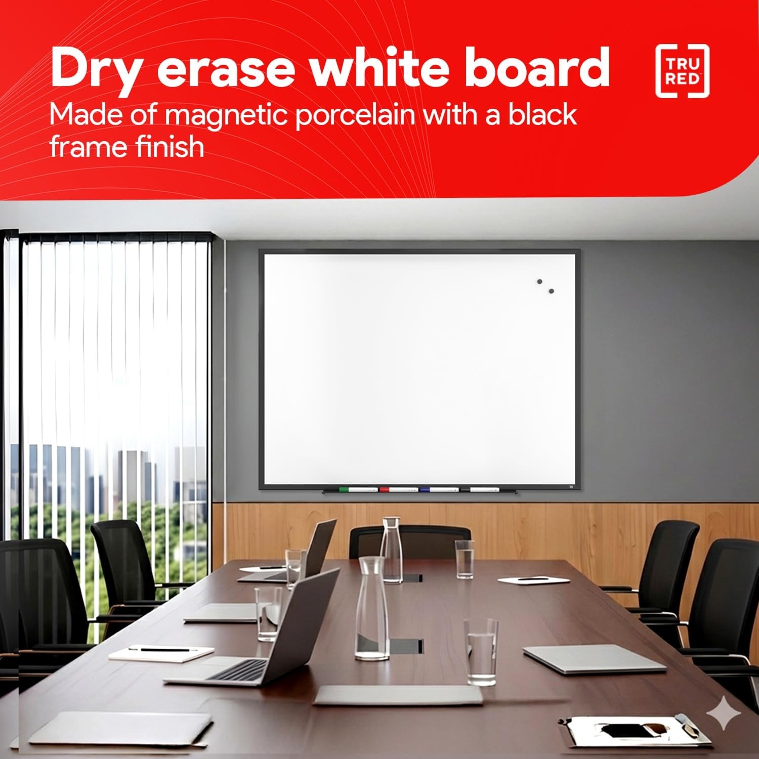 image:imageTRU RED Steel Magnetic Whiteboard Dry Erase Board for Wall White Board with Satin Frame 2 ft x 15 ftBlack