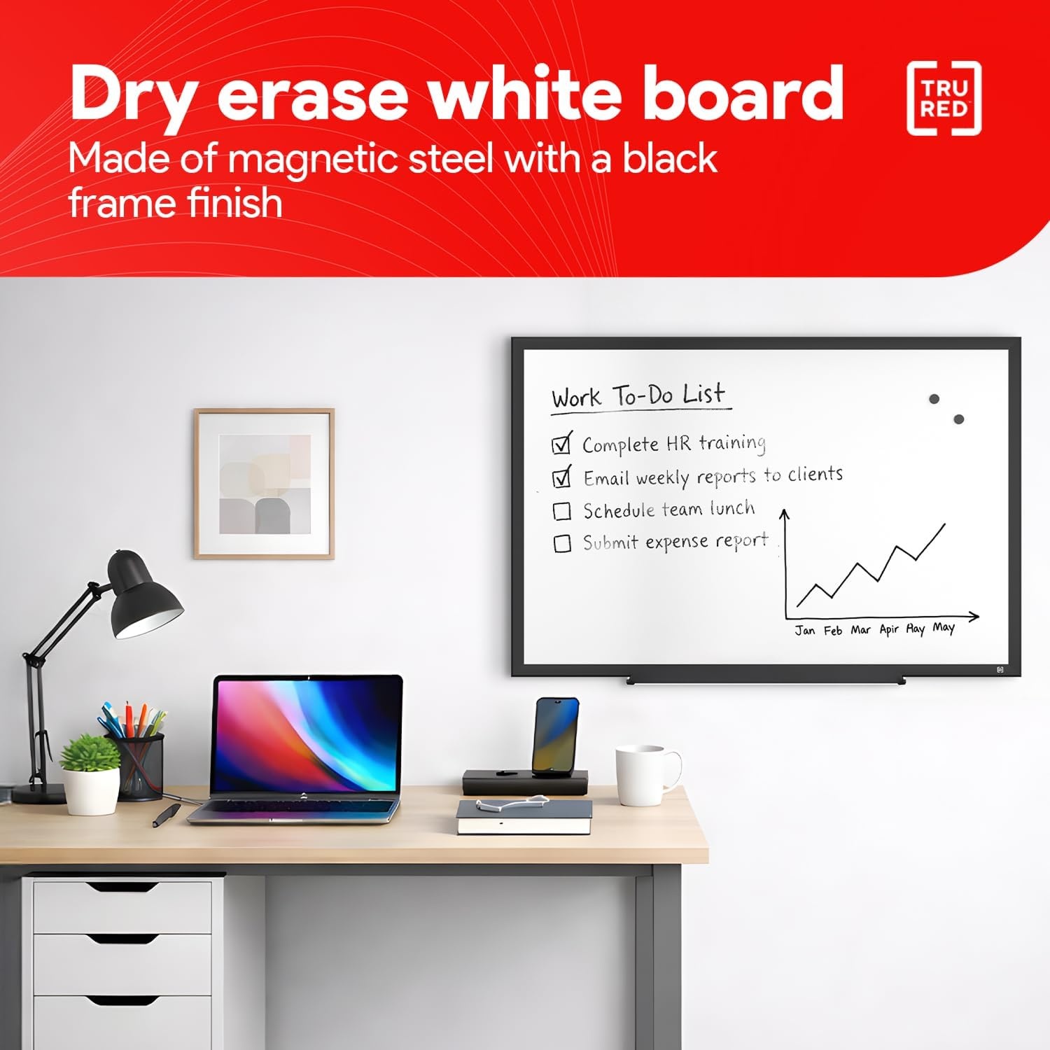 image:imageTRU RED Steel Magnetic Whiteboard Dry Erase Board for Wall White Board with Satin Frame 2 ft x 15 ftBlack