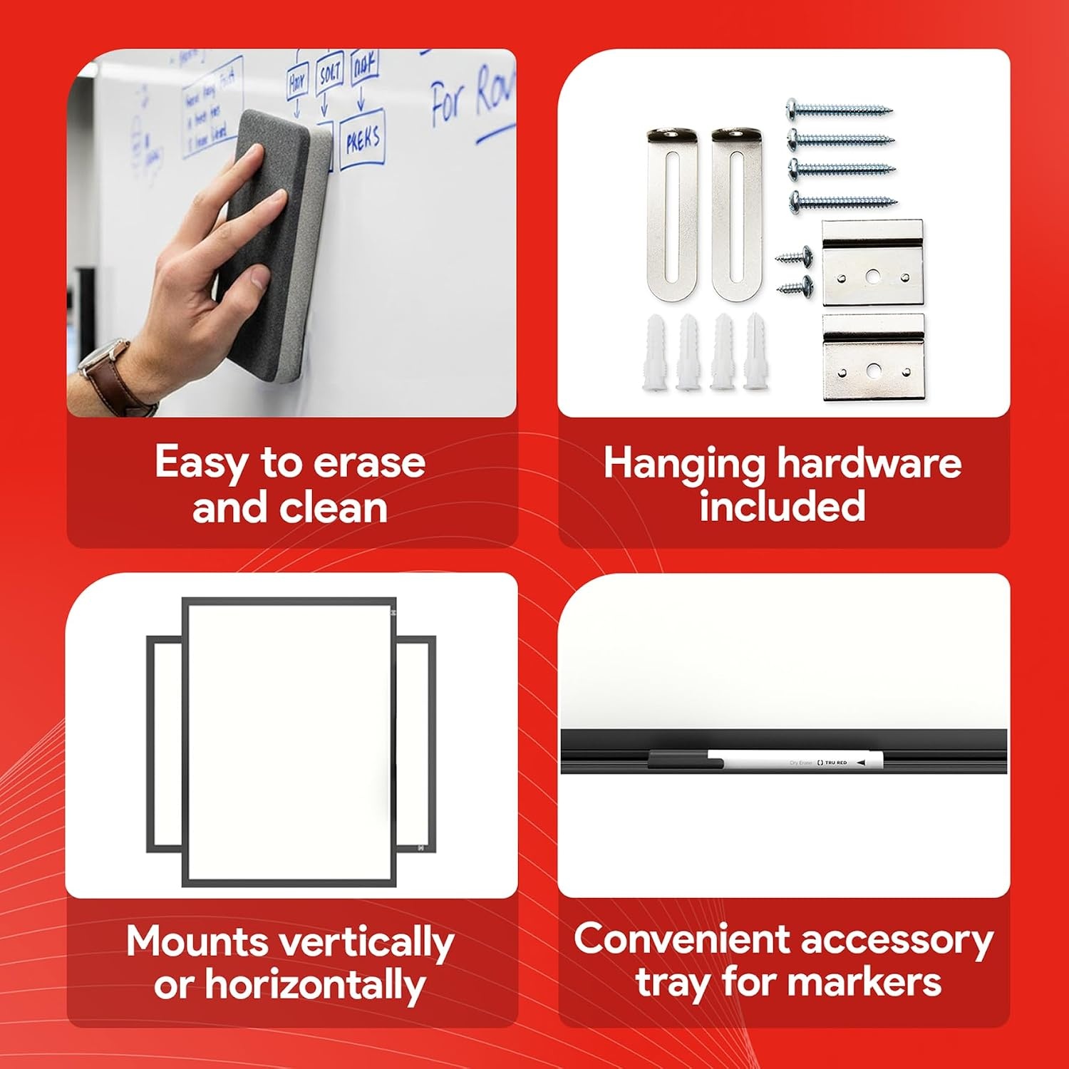 image:imageTRU RED Steel Magnetic Whiteboard Dry Erase Board for Wall White Board with Satin Frame 2 ft x 15 ftBlack