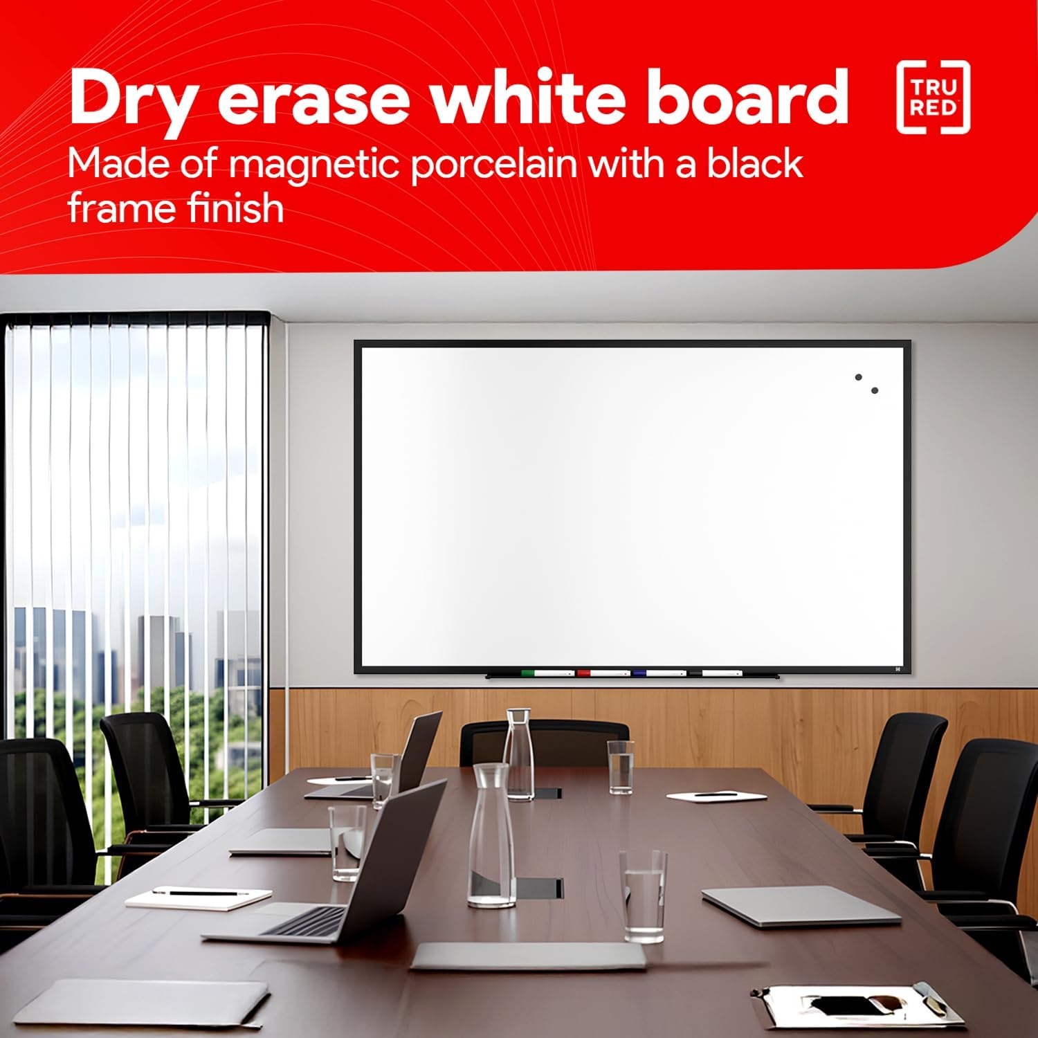 image:imageTRU RED Steel Magnetic Whiteboard Dry Erase Board for Wall White Board with Satin Frame 2 ft x 15 ftBlack