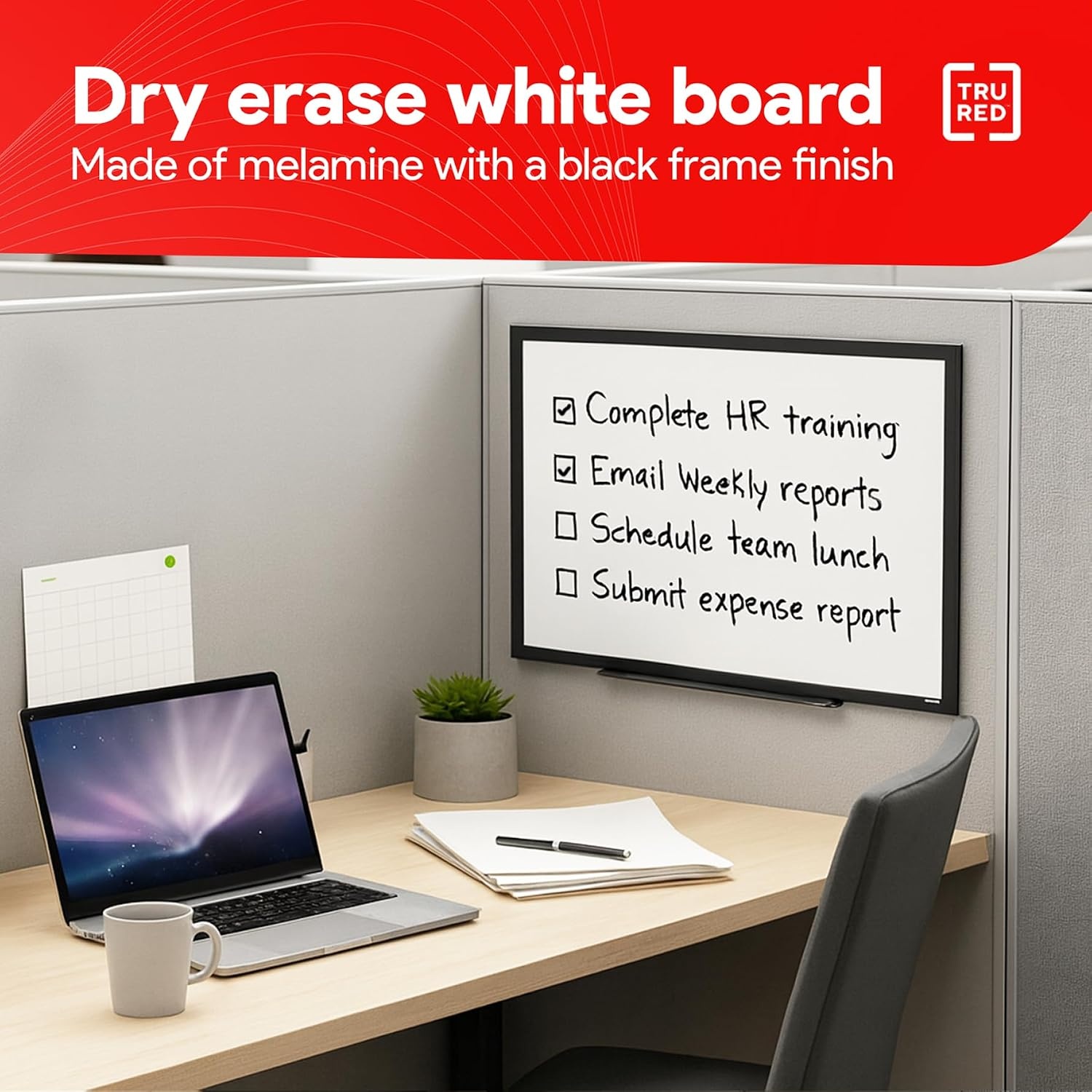 image:imageTRU RED Steel Magnetic Whiteboard Dry Erase Board for Wall White Board with Satin Frame 2 ft x 15 ftBlack