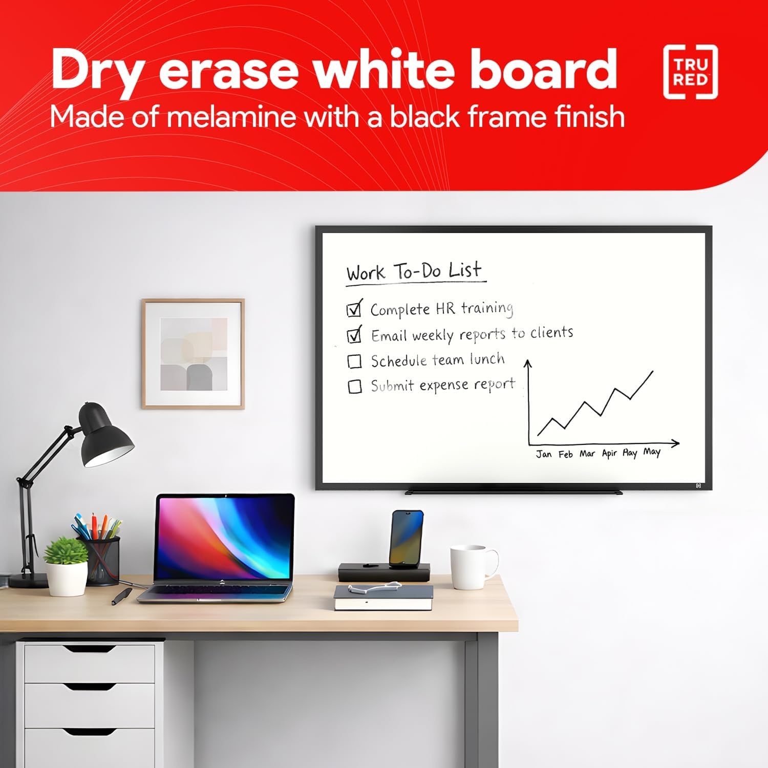 image:imageTRU RED Steel Magnetic Whiteboard Dry Erase Board for Wall White Board with Satin Frame 2 ft x 15 ftBlack
