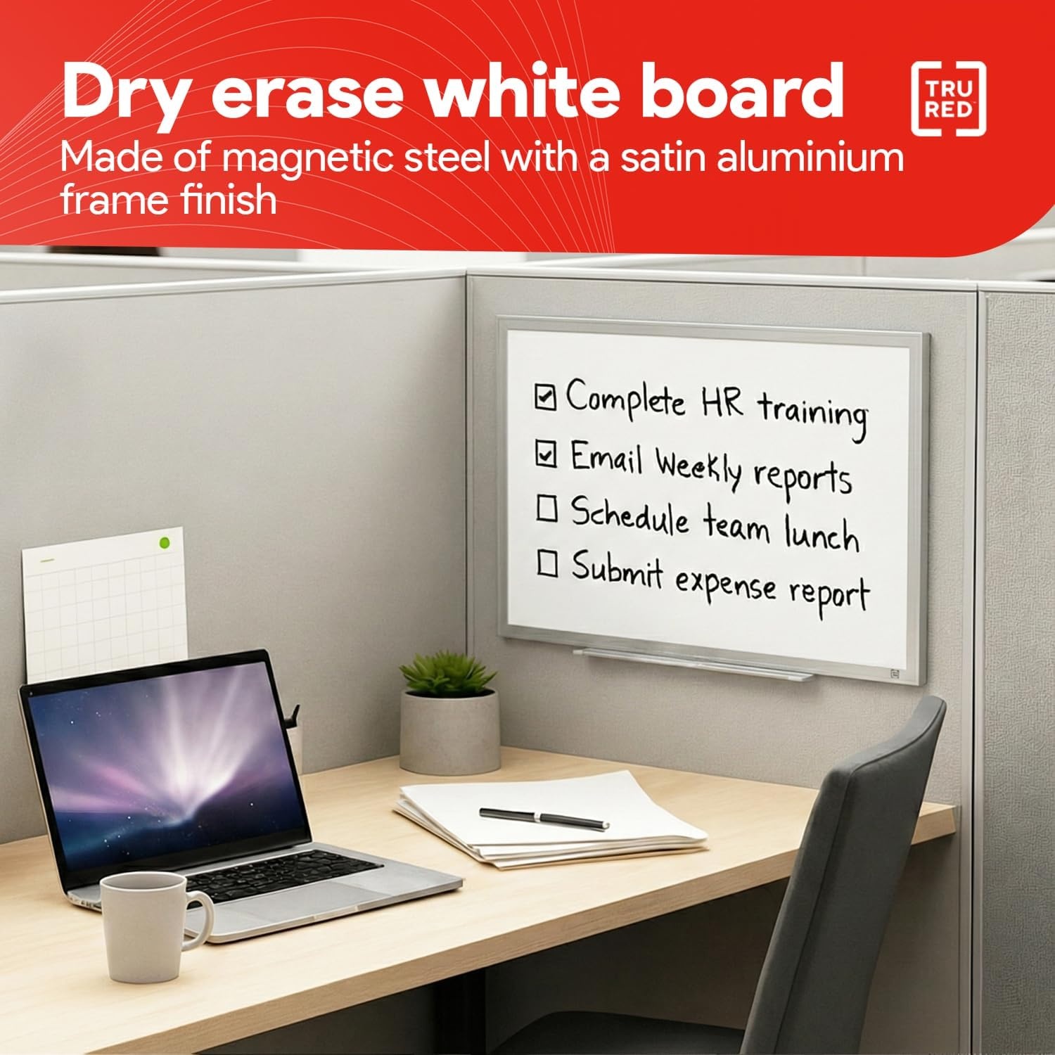 image:imageTRU RED Steel Magnetic Whiteboard Dry Erase Board for Wall White Board with Satin Frame 2 ft x 15 ftGray