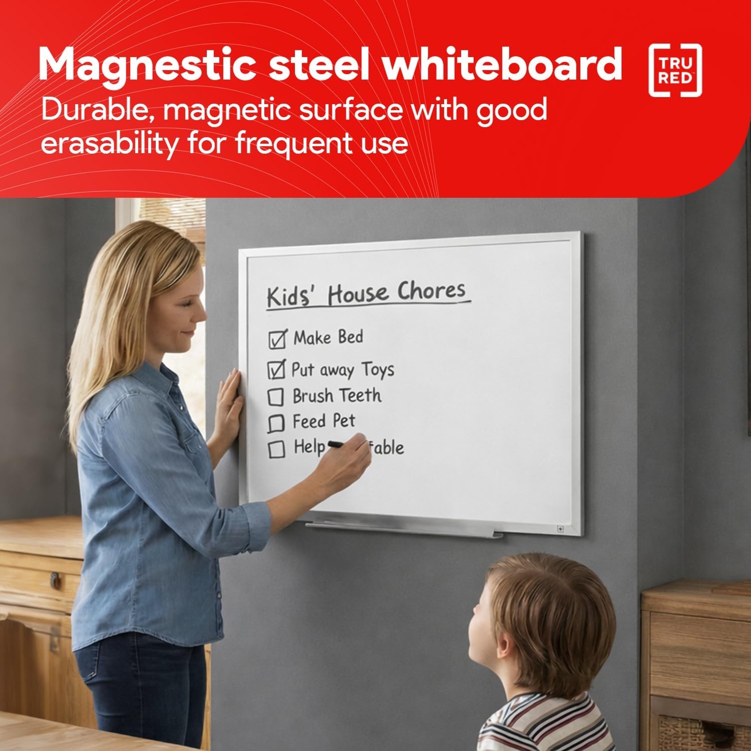 image:imageTRU RED Steel Magnetic Whiteboard Dry Erase Board for Wall White Board with Satin Frame 2 ft x 15 ftGray