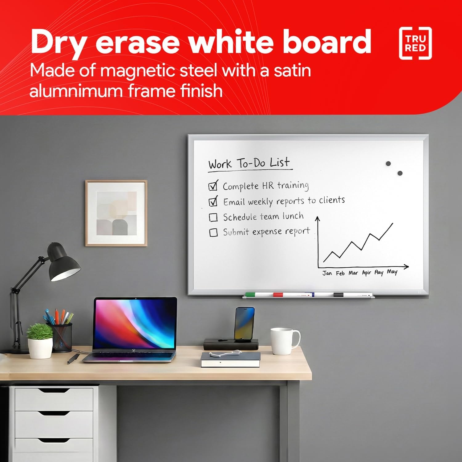 image:imageTRU RED Steel Magnetic Whiteboard Dry Erase Board for Wall White Board with Satin Frame 2 ft x 15 ftGray