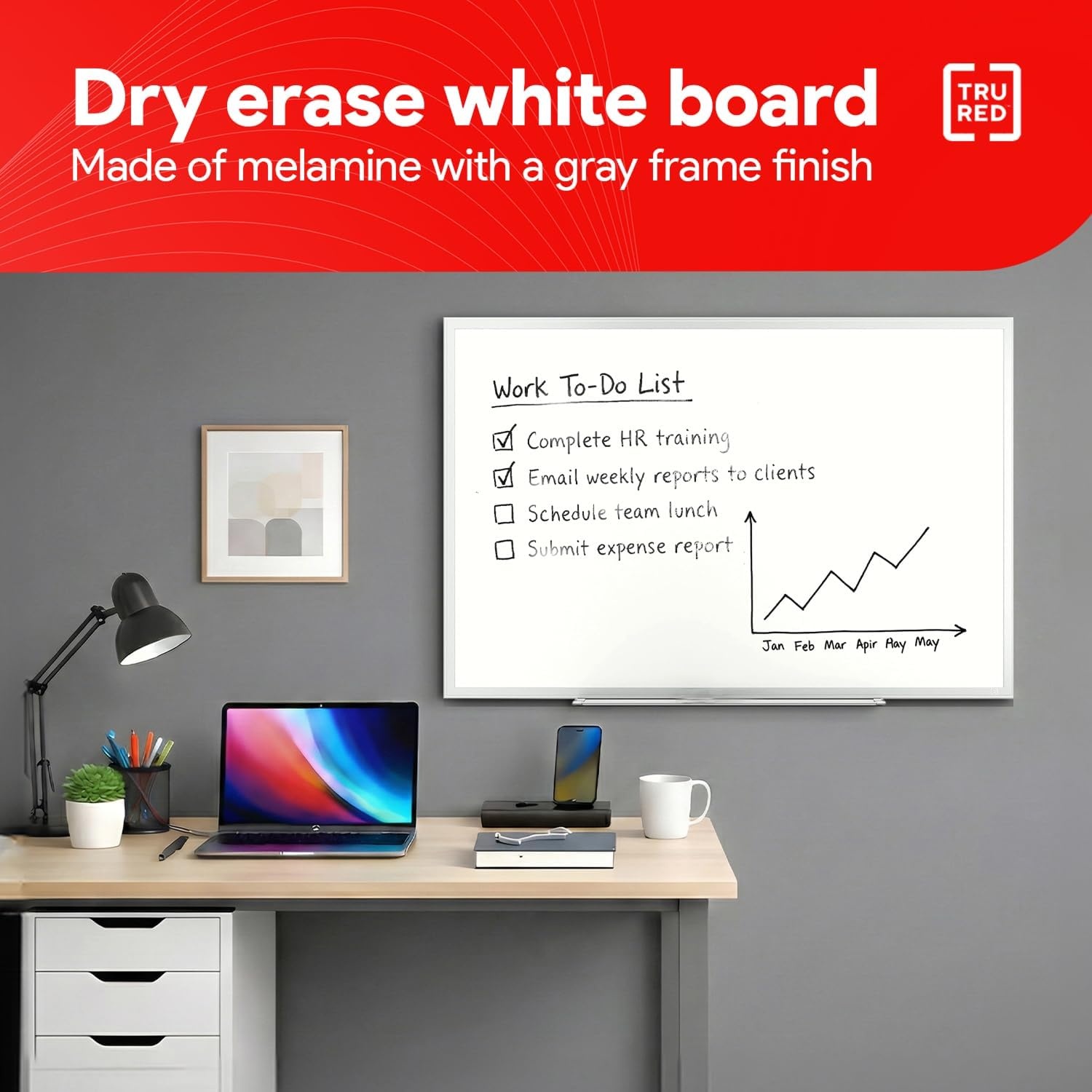 image:imageTRU RED Steel Magnetic Whiteboard Dry Erase Board for Wall White Board with Satin Frame 2 ft x 15 ftGray