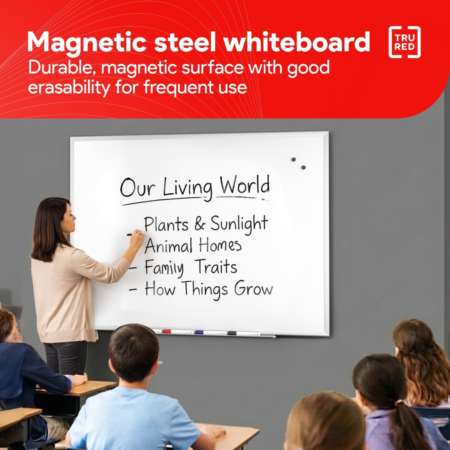 image:imageTRU RED Steel Magnetic Whiteboard Dry Erase Board for Wall White Board with Satin Frame 2 ft x 15 ftGray
