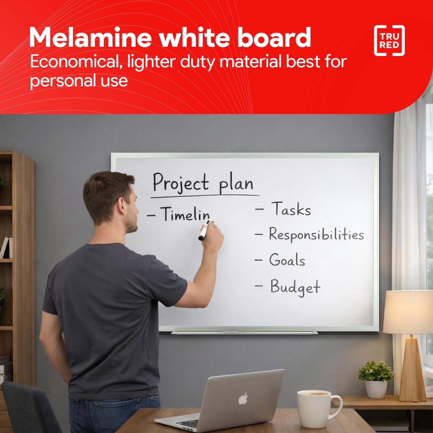 image:imageTRU RED Steel Magnetic Whiteboard Dry Erase Board for Wall White Board with Satin Frame 2 ft x 15 ftGray
