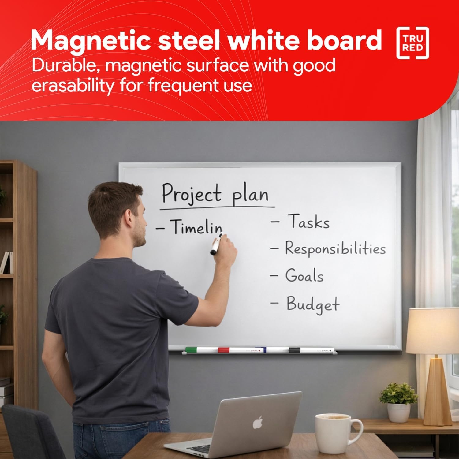 image:imageTRU RED Steel Magnetic Whiteboard Dry Erase Board for Wall White Board with Satin Frame 2 ft x 15 ftGray