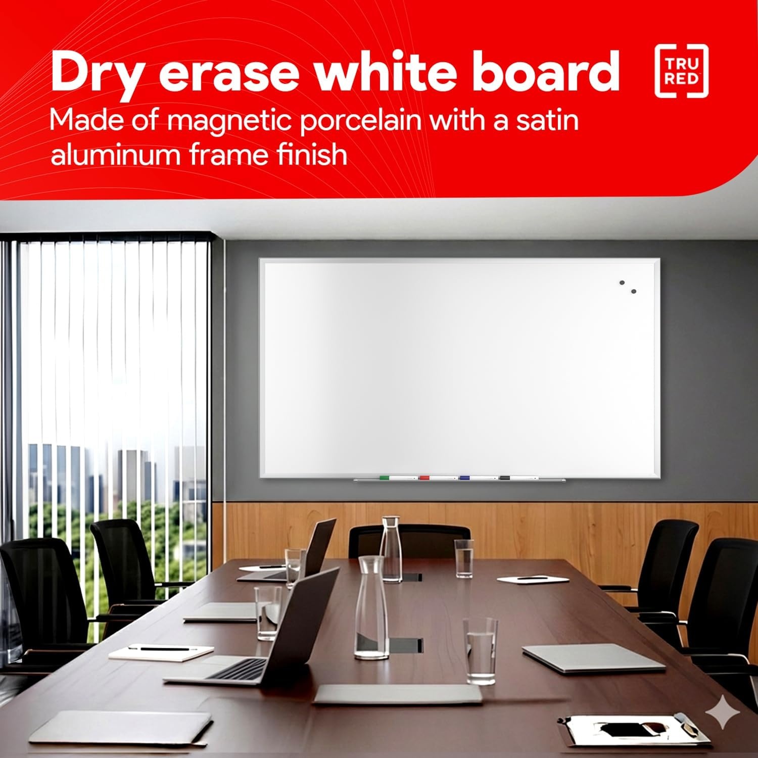 image:imageTRU RED Steel Magnetic Whiteboard Dry Erase Board for Wall White Board with Satin Frame 2 ft x 15 ftGray