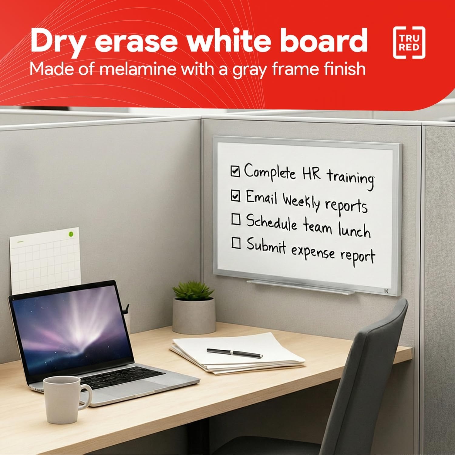 image:imageTRU RED Steel Magnetic Whiteboard Dry Erase Board for Wall White Board with Satin Frame 2 ft x 15 ftGray