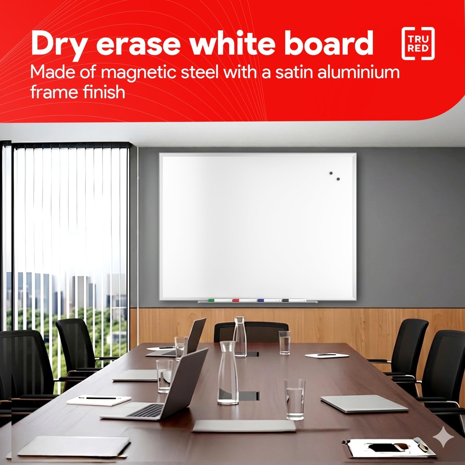 image:imageTRU RED Steel Magnetic Whiteboard Dry Erase Board for Wall White Board with Satin Frame 2 ft x 15 ftGray