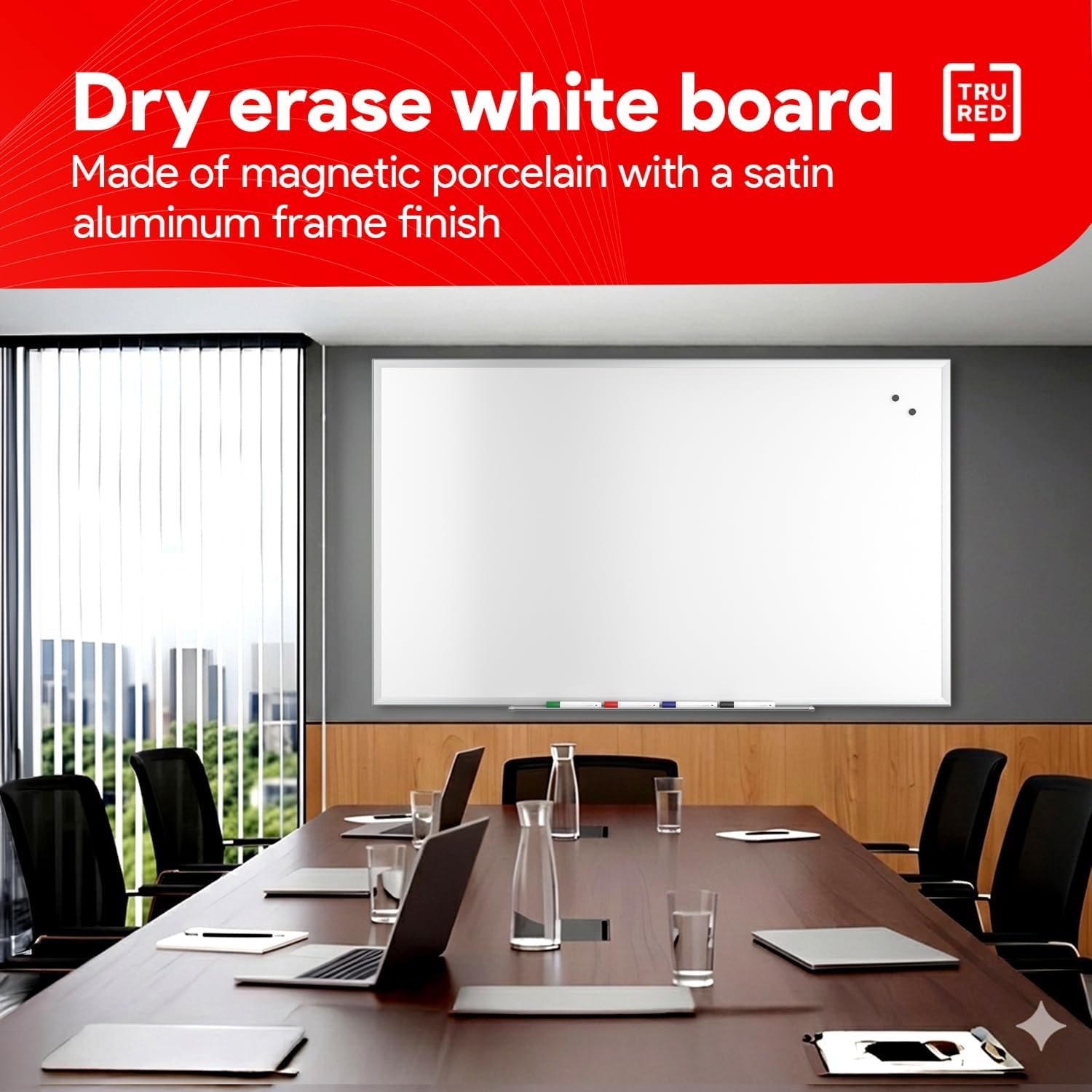 image:imageTRU RED Steel Magnetic Whiteboard Dry Erase Board for Wall White Board with Satin Frame 2 ft x 15 ftGray