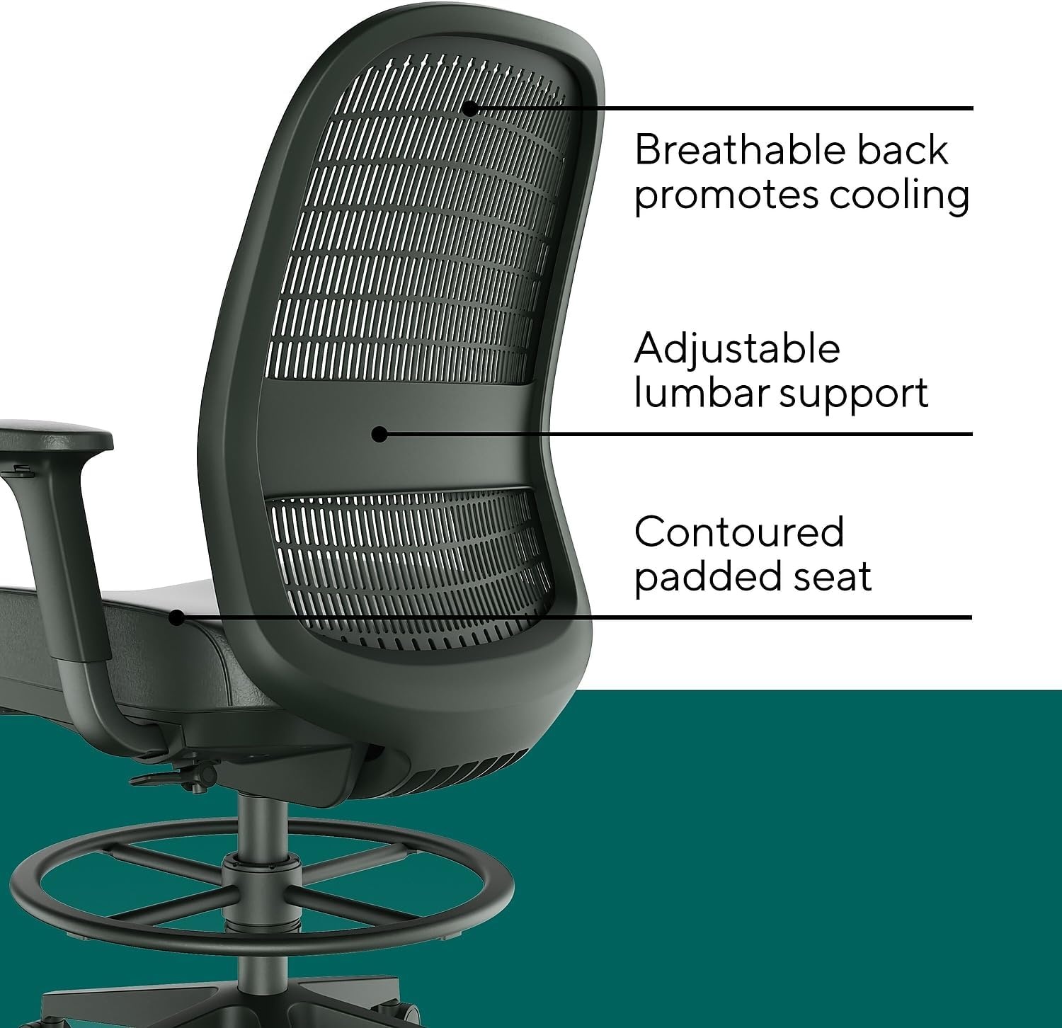 image:imageWorkplace 20 Drafting Stool Mesh Ergonomic Lumbar Support Adjustable Height BlackPoly