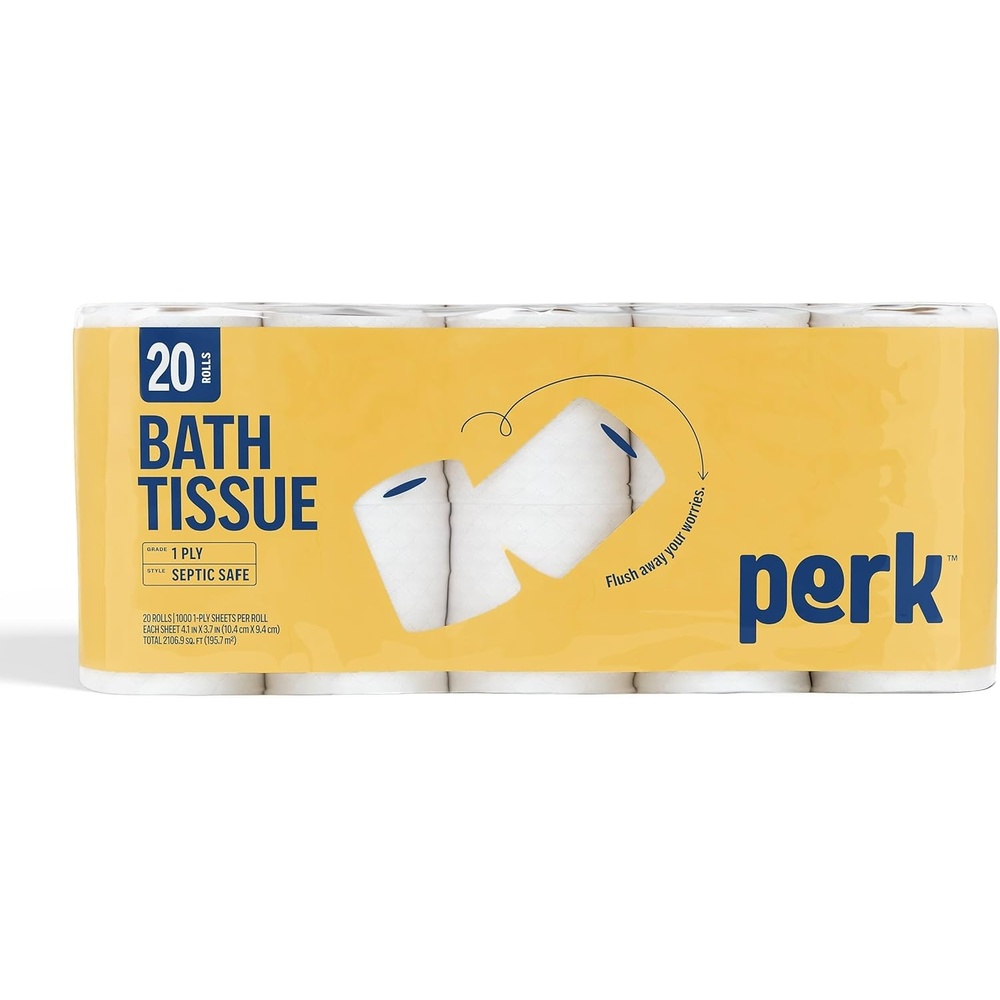 image:imagePerk 1Ply Toilet Paper Septic Safe Tissue Rolls 1000Sheets Per Roll 20Pack White