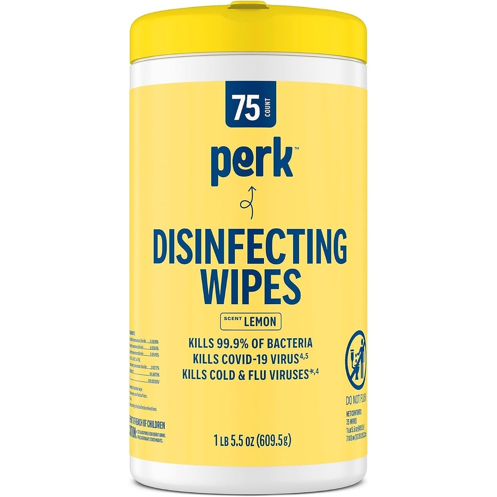image:imagePerk Disinfecting Wipes Lemon Scent 75 WipesCanister MultiSurface Cleaning Wipes for Home Office amp Classroom1 Count Pack of 1