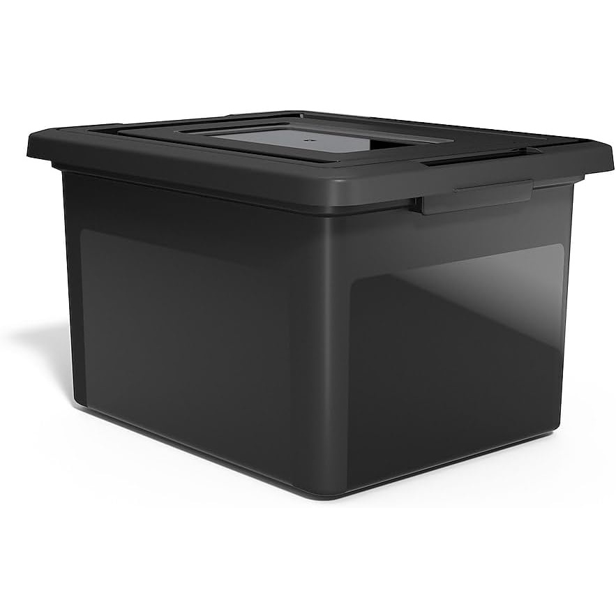 image:imageSTAPLES Hanging File Folder Box Storage Bin Organizer Snap Lid Letter amp Legal Size Documents ClearBlack