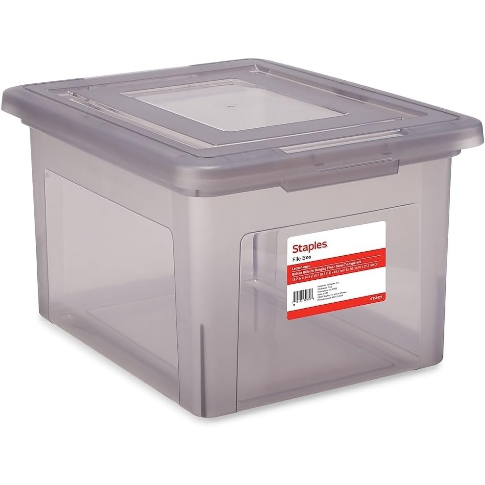 image:imageSTAPLES Hanging File Folder Box Storage Bin Organizer Snap Lid Letter amp Legal Size Documents ClearGray