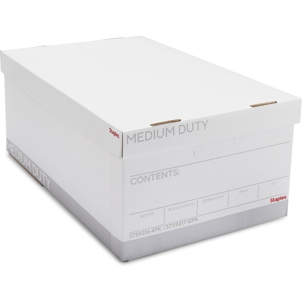 image:imageSTAPLES Storage amp Filing Box HeavyDuty with Handles amp Removable Lid Letter amp Legal Size Documents Stackable 4Pack WhiteGray4 Pack