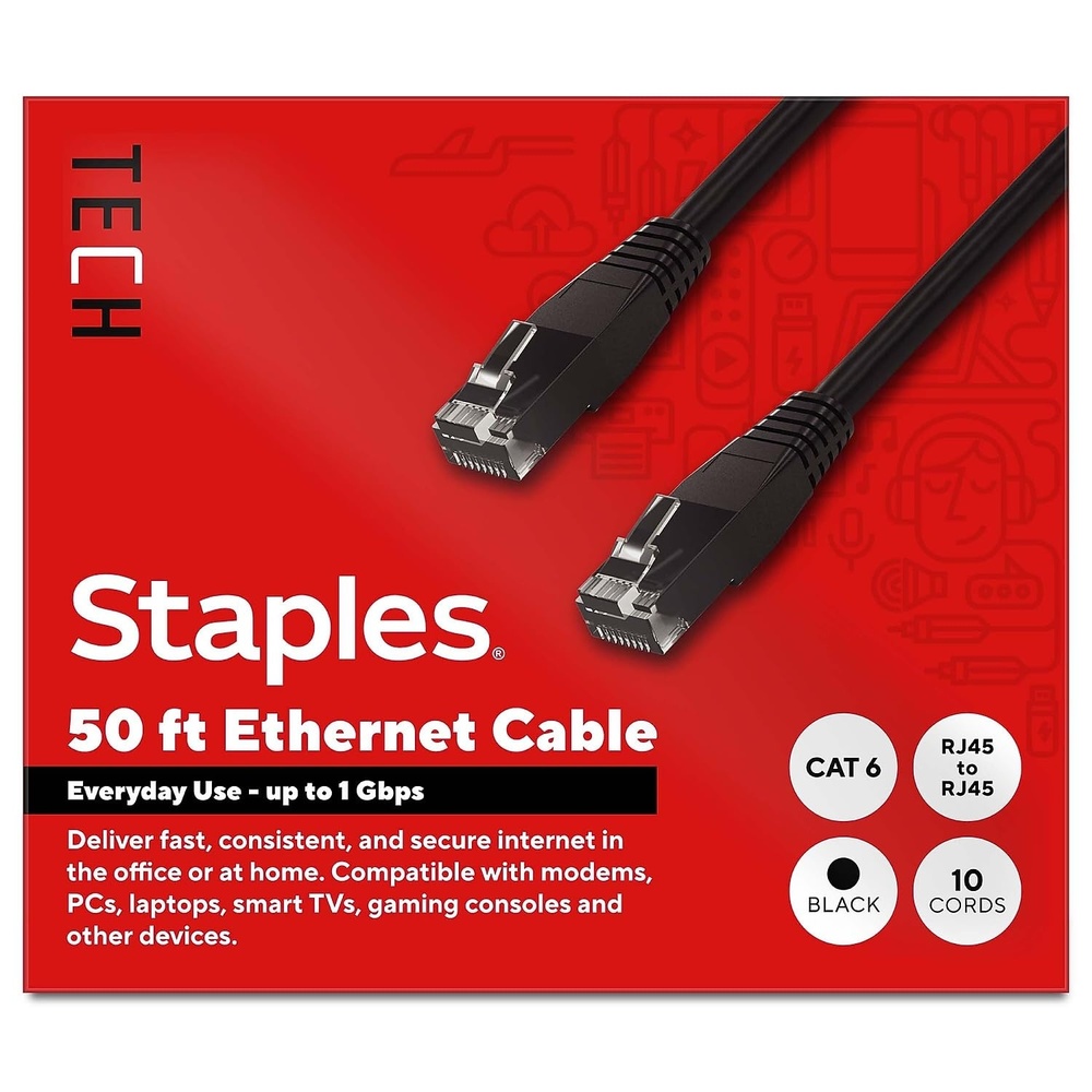 image:imageSTAPLES TECH Cat6 Ethernet Cable 50 ft RJ45 MaletoMale Network Patch Cable Black 10Pack