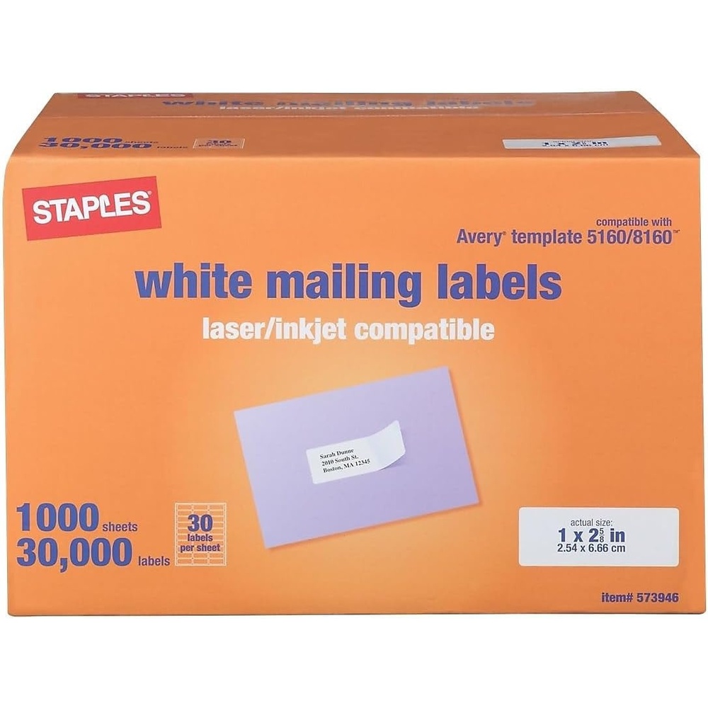 image:imageStaples 1 x 258 Address Labels White EasyPeel Printable Laser amp Inkjet Mailing Labels 30 Labels per Sheet 100Pack30 000 Labels