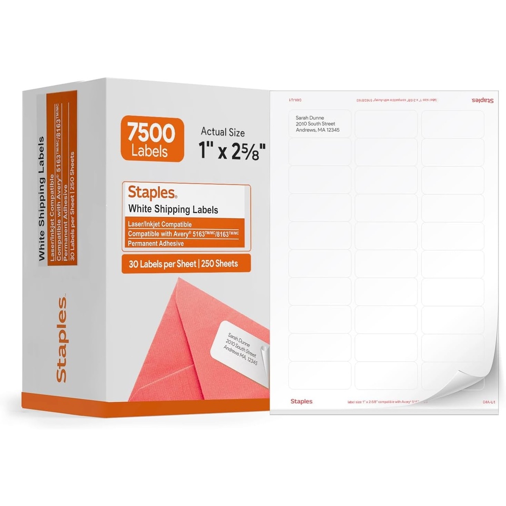 image:imageStaples 1 x 258 Address Labels White EasyPeel Printable Laser amp Inkjet Mailing Labels 30 Labels per Sheet 100Pack7 500 Labels