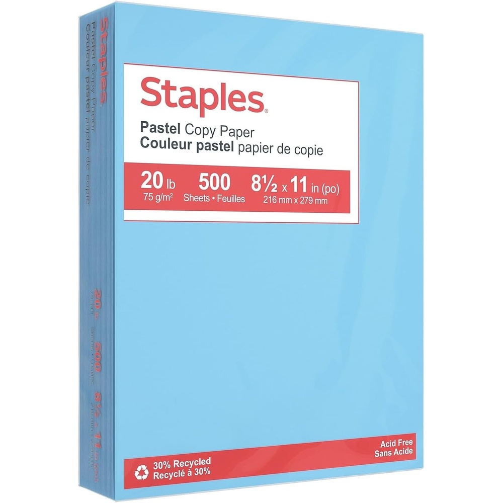 image:imageStaples 30 Recycled 85 x 11 Inch 20 lbs 500Sheets Pack Blue For Office School amp HomeBlue